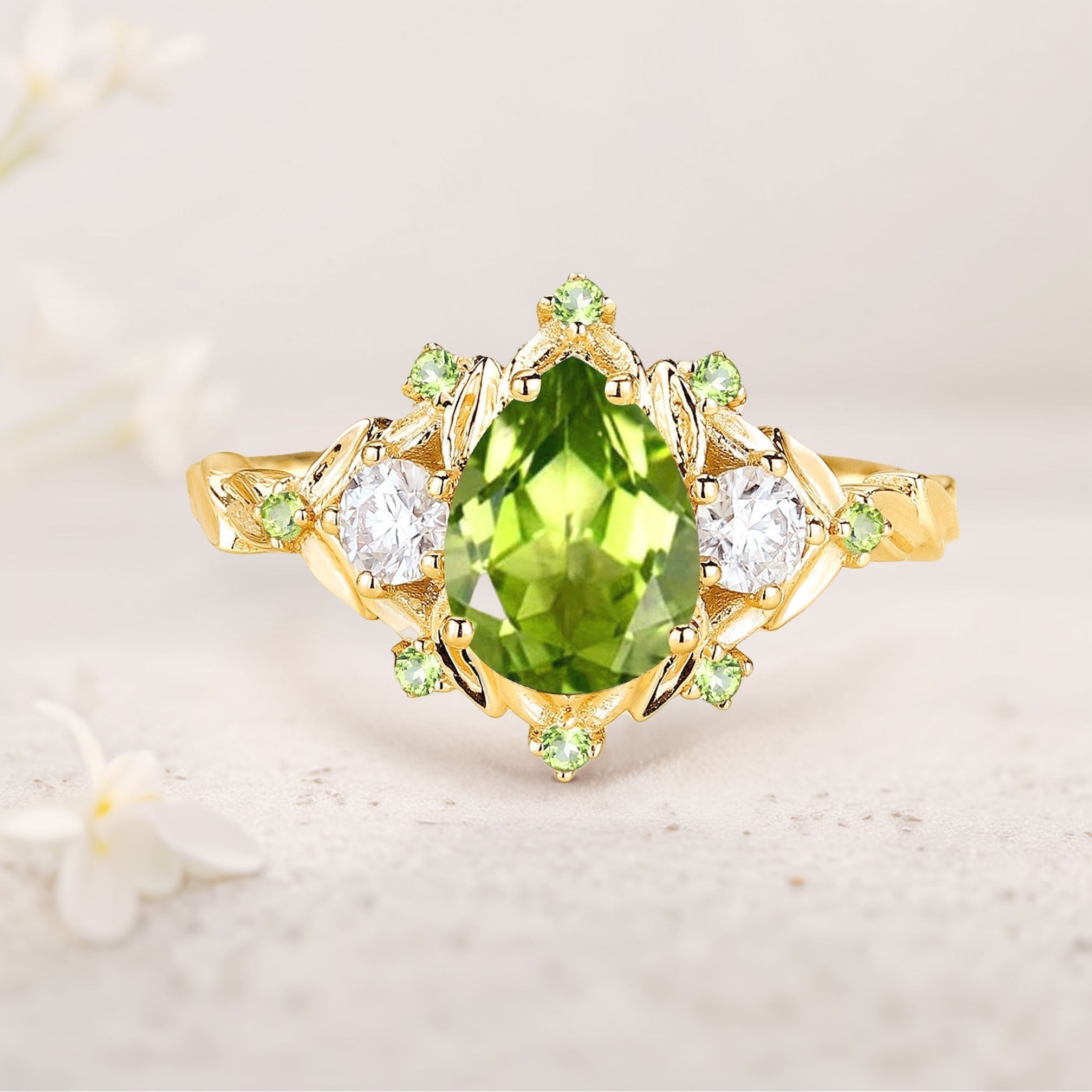 Unique Floral Pear Peridot Halo Leaf Engagement Ring- Oore Jewelry