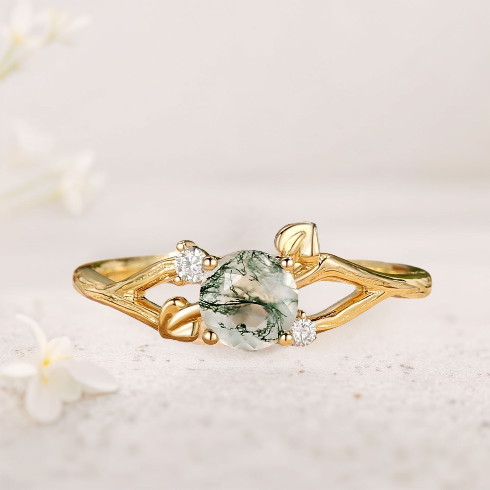Unique floral engagement rings Round Moss Agate Leaf Engagement Ring - Oore Jewelry