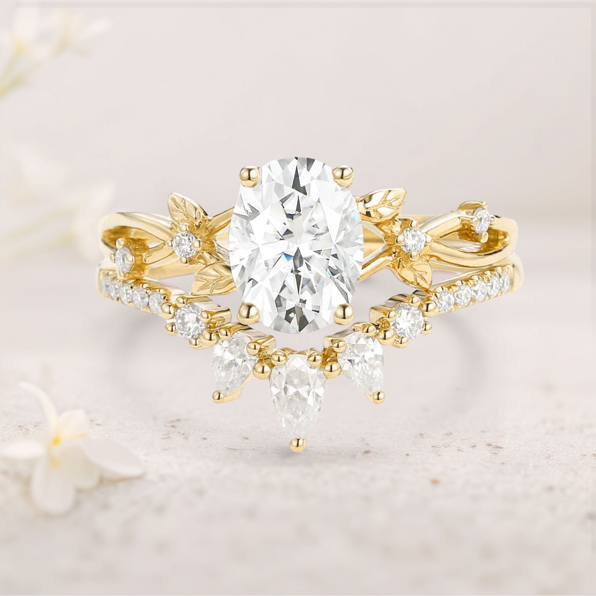 Unique floral engagement rings Oval Moissanite Leafy Wedding Ring Bridal Ring Set - Oore Jewelry