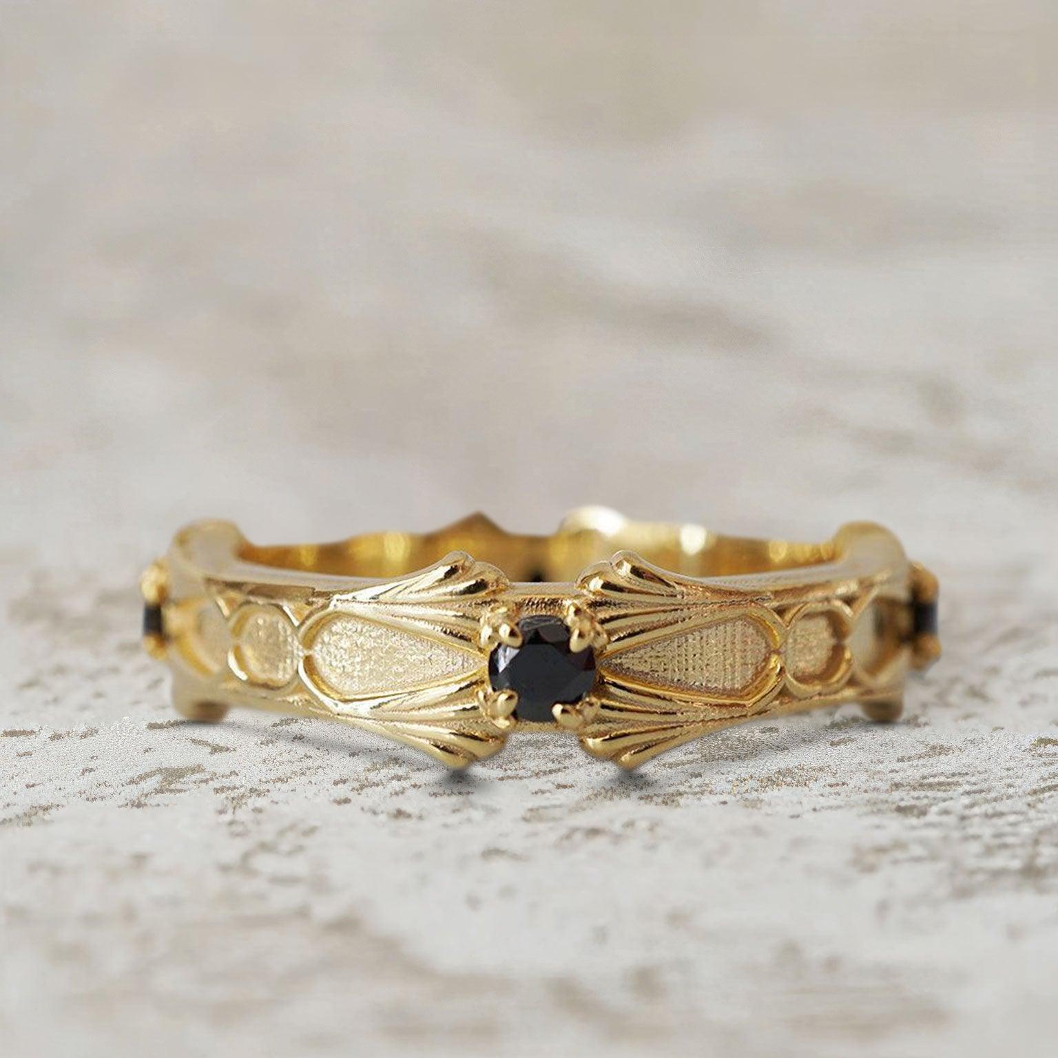 Unique Gothic Round Lab Black Onyx Ring Band For Men - Oore Jewelry