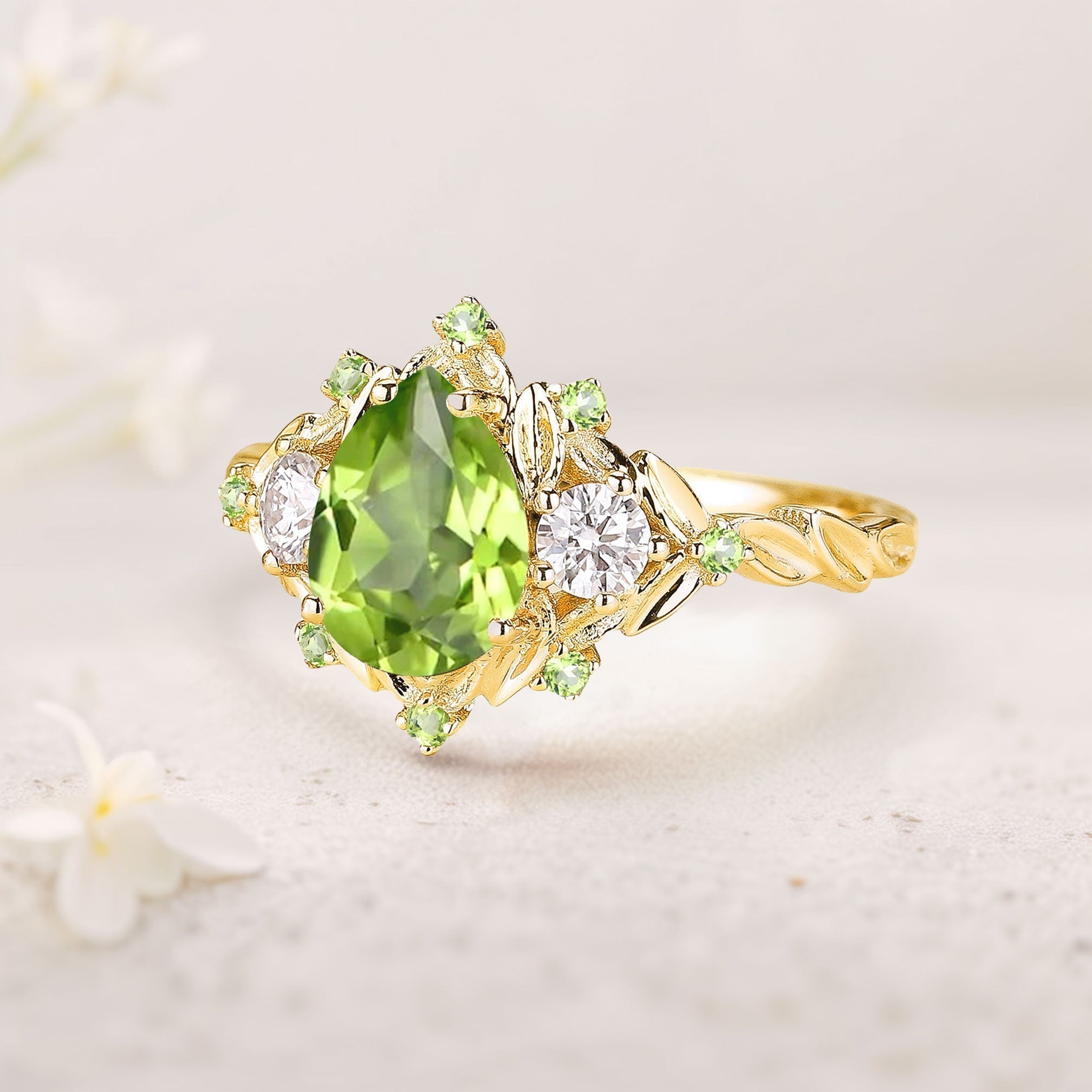 Unique Floral Pear Peridot Halo Leaf Engagement Ring - Oore Jewelry