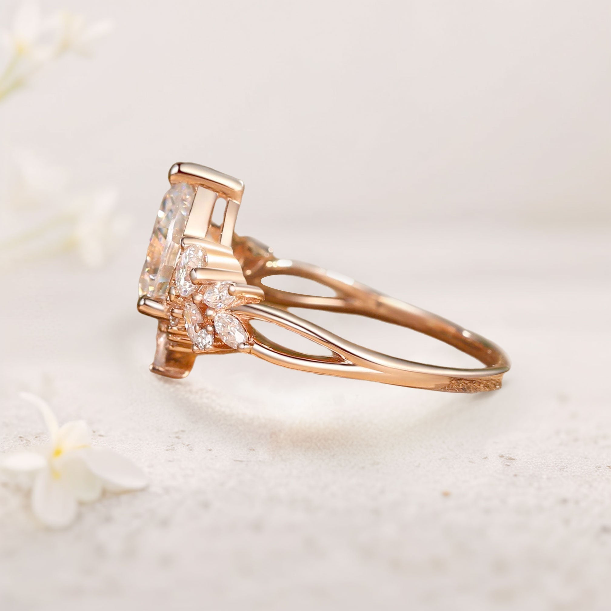 Unique floral Three Stone Pear Moissanite Cluster Engagement Ring - Oore Jewelry