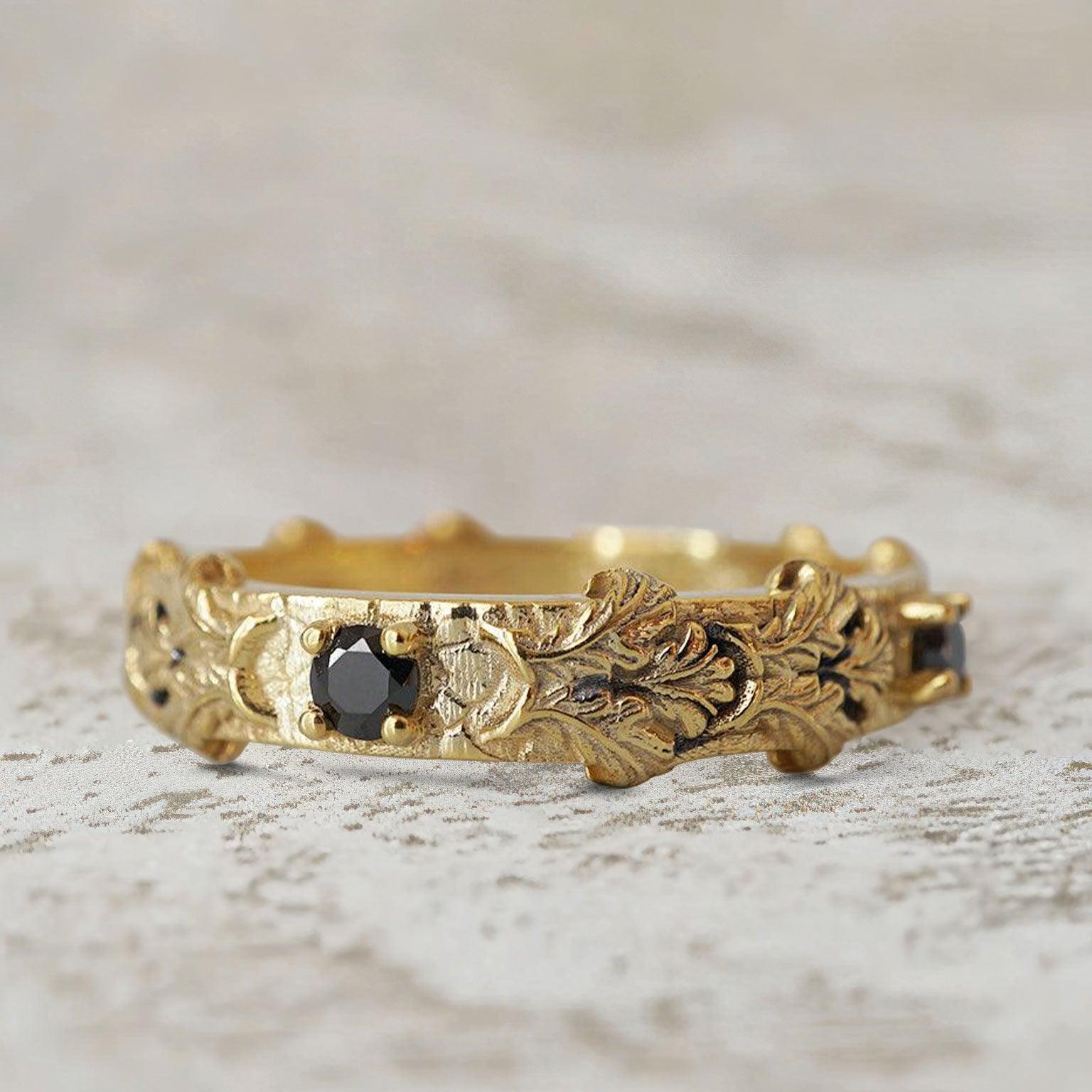 Unique Gothic Acanthus Round Black Onyx Ring Band For Men - Oore Jewelry