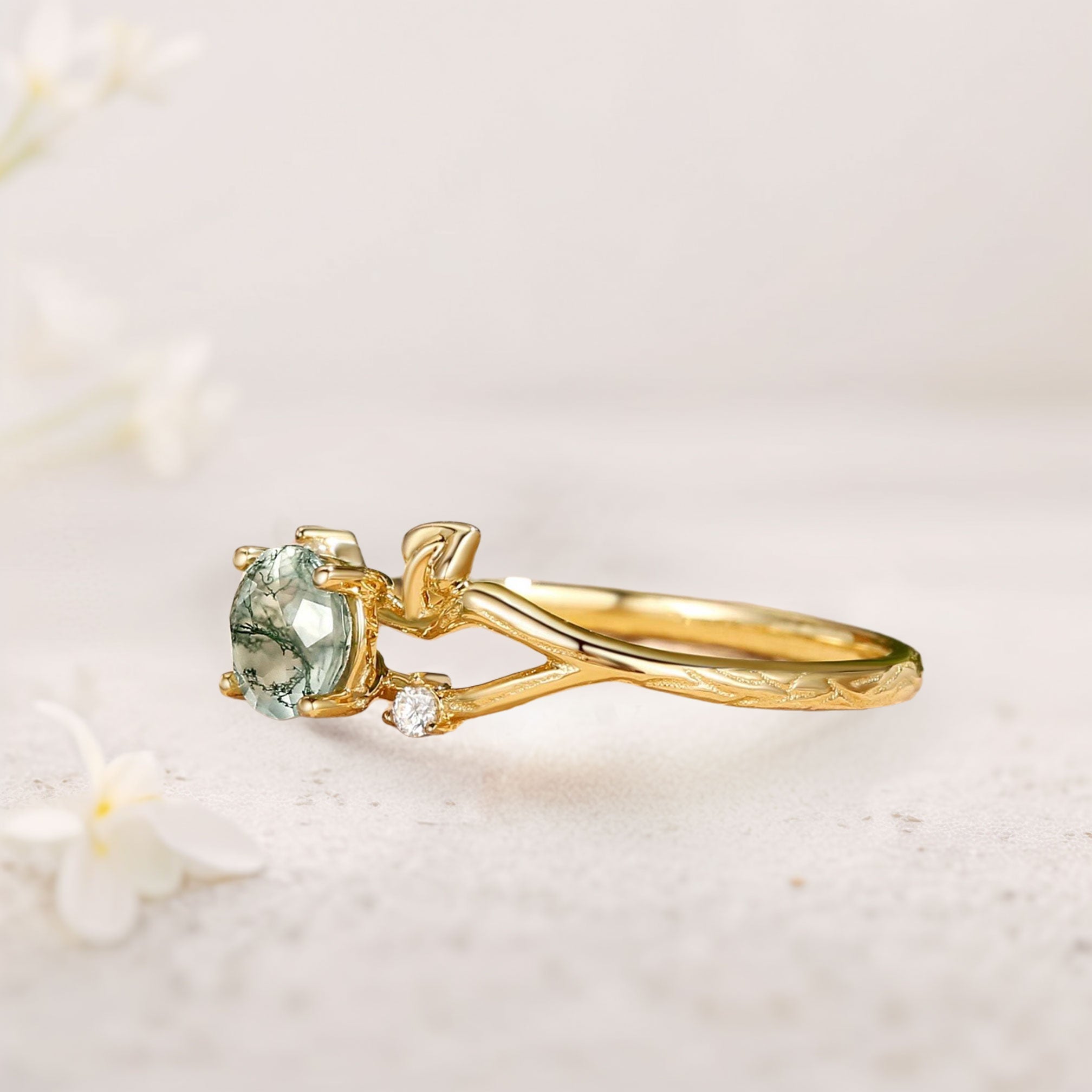 Unique floral engagement rings Round Moss Agate Leaf Engagement Ring - Oore Jewelry
