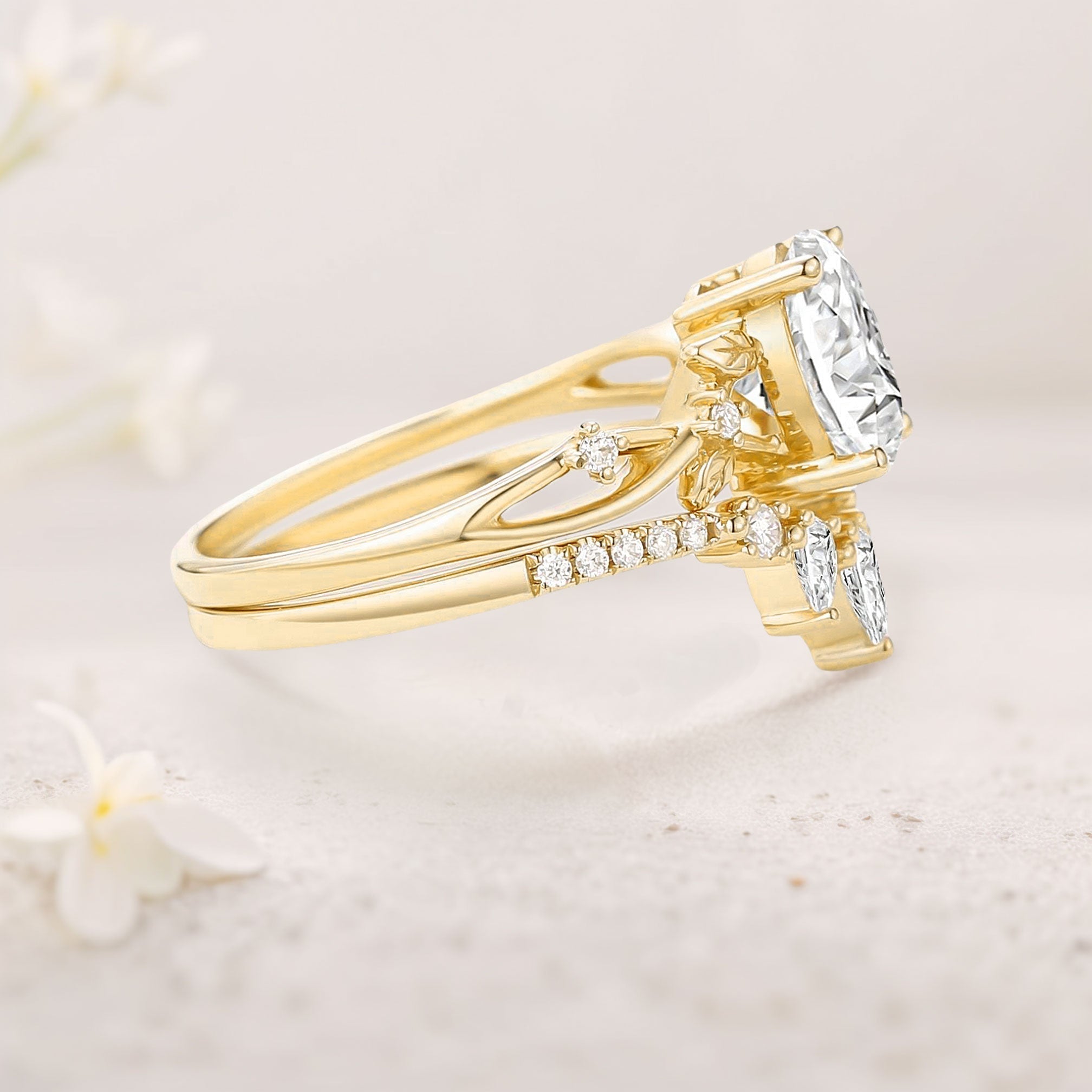 Unique floral engagement rings Oval Moissanite Leafy Wedding Ring Bridal Ring Set - Oore Jewelry