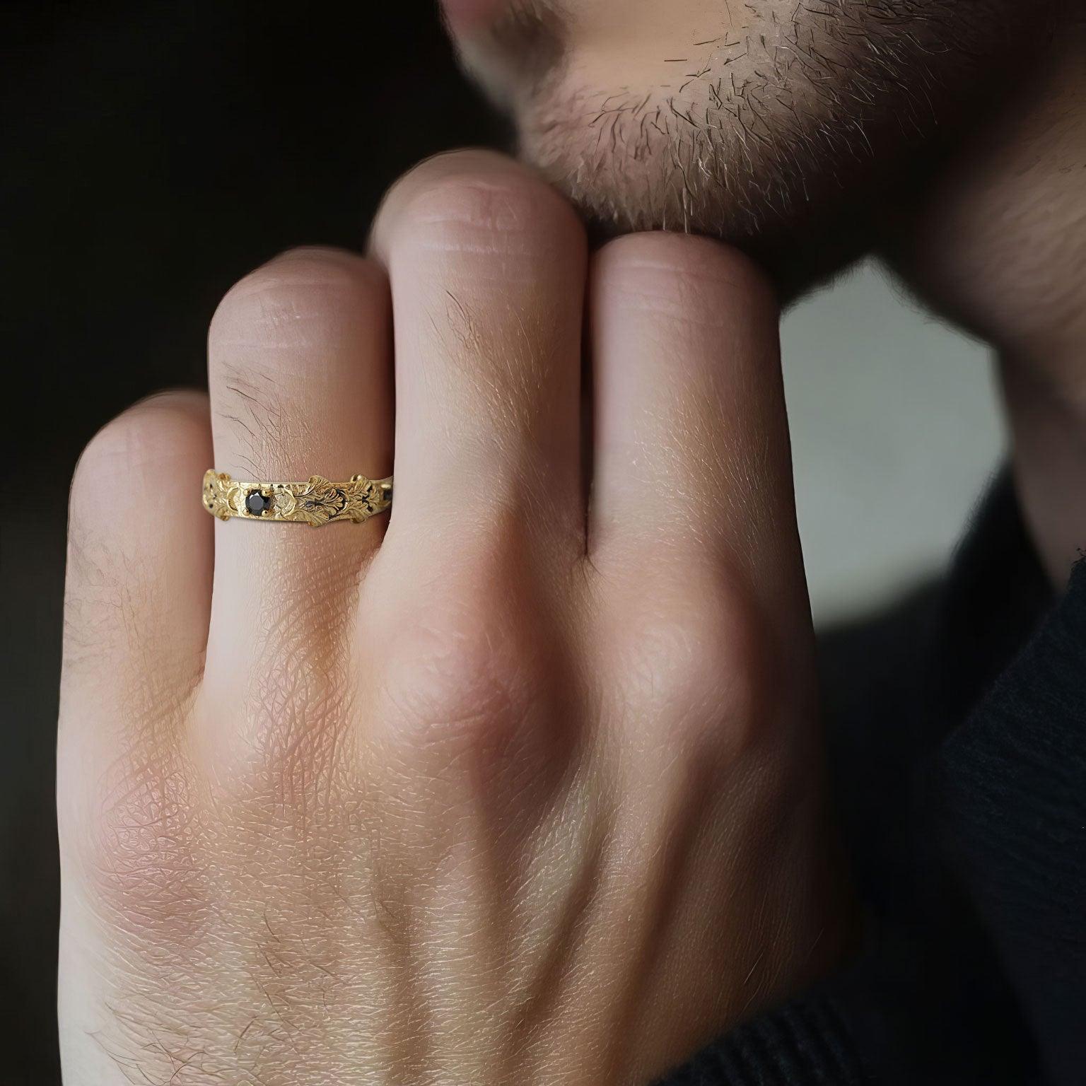 Unique Gothic Acanthus Round Black Onyx Ring Band For Men - Oore Jewelry