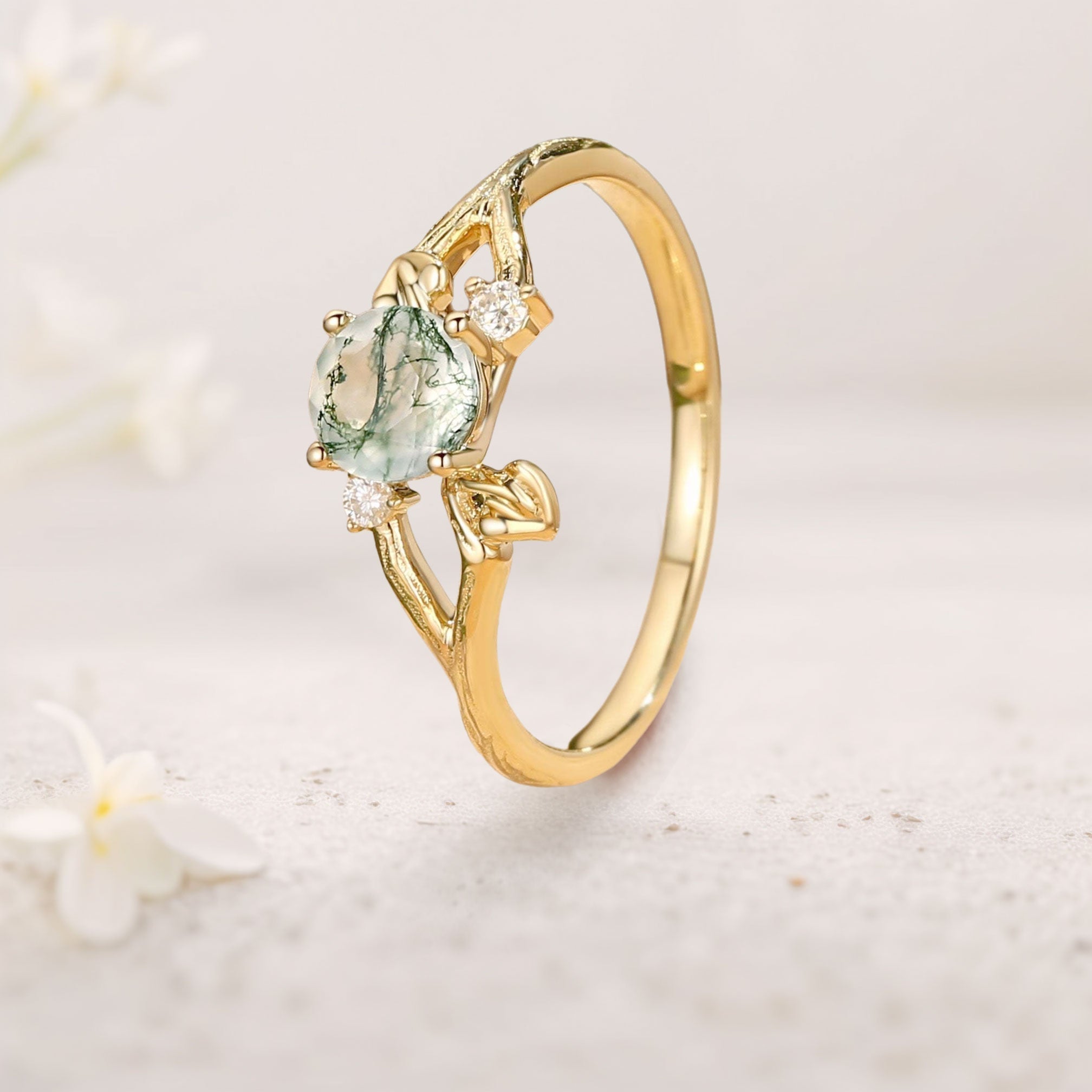 Unique floral engagement rings Round Moss Agate Leaf Engagement Ring - Oore Jewelry