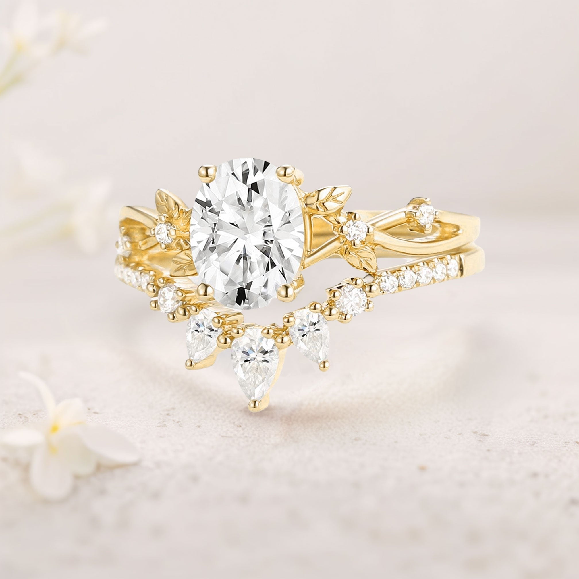 Unique floral engagement rings Oval Moissanite Leafy Wedding Ring Bridal Ring Set - Oore Jewelry