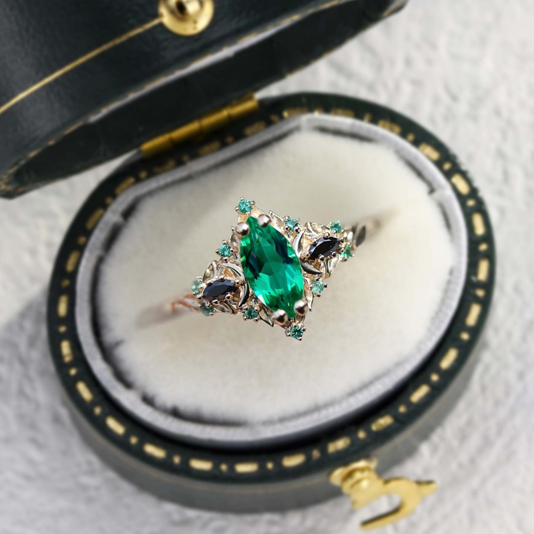 Unique Briar Moon Three Stone Marquise Lab Emerald Ring - Oore Jewelry