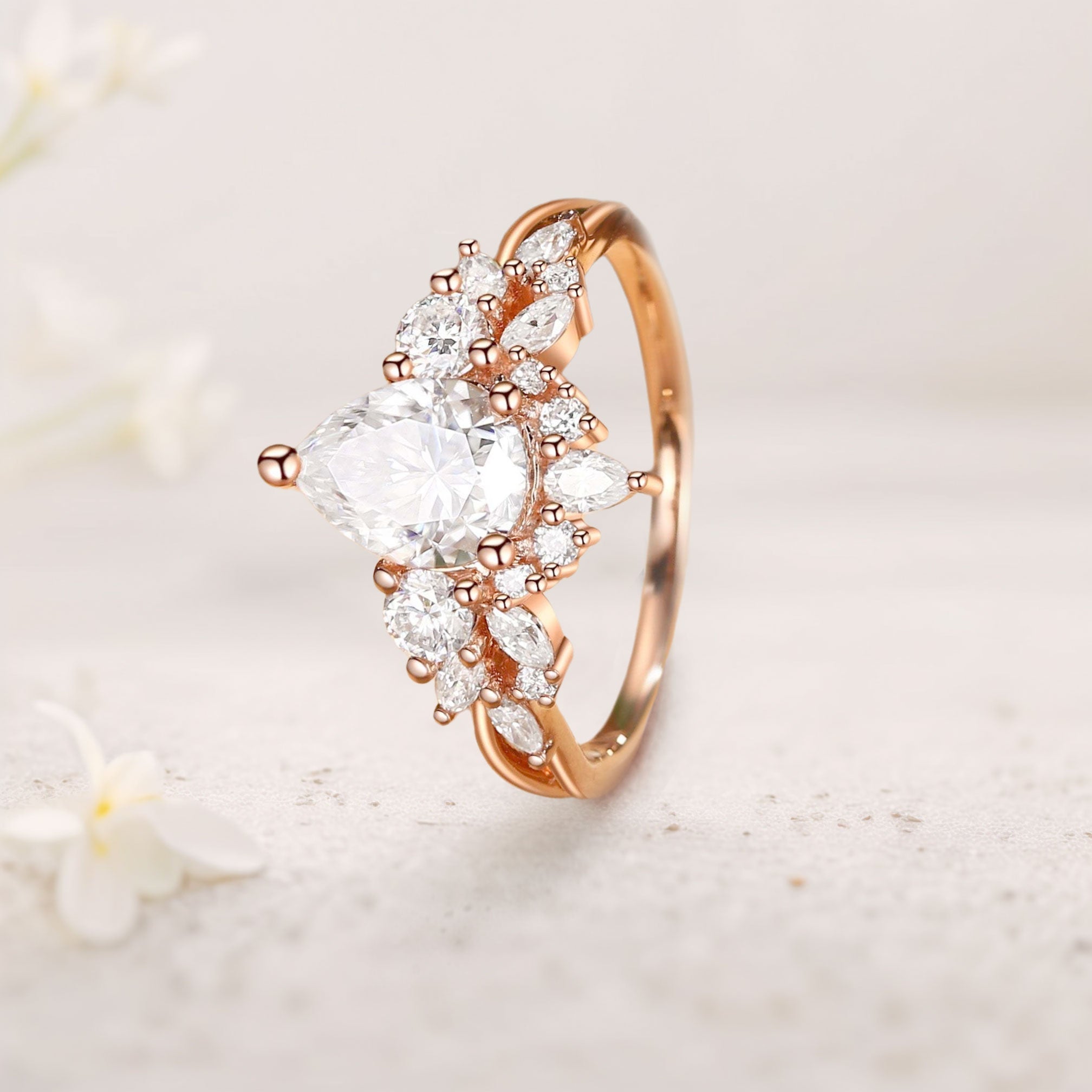 Unique floral Three Stone Pear Moissanite Cluster Engagement Ring - Oore Jewelry
