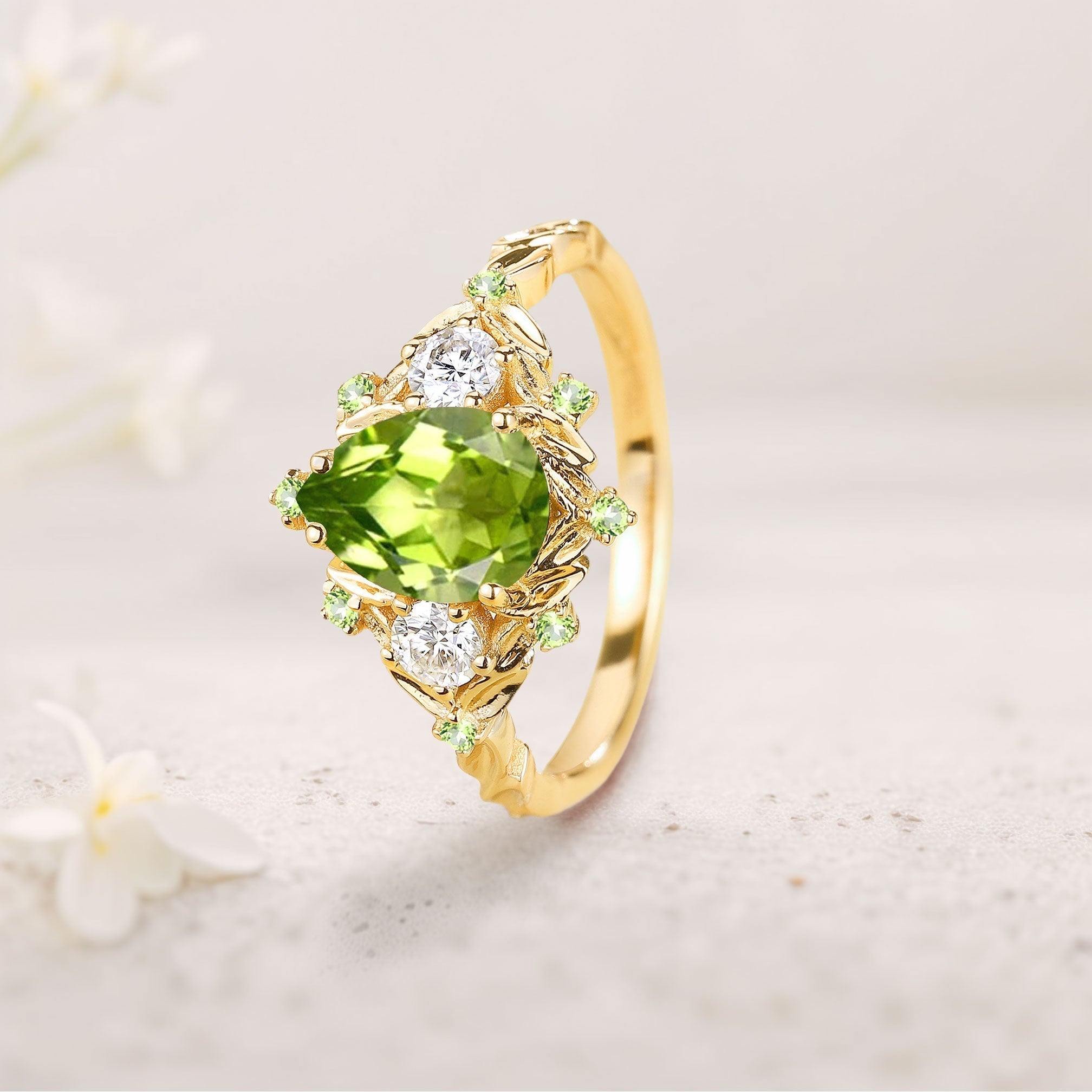 Unique Floral Pear Peridot Halo Leaf Engagement Ring - Oore Jewelry