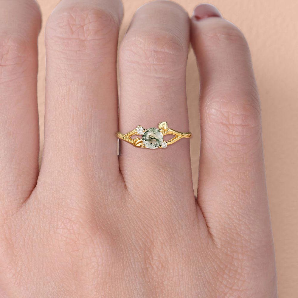 Unique floral engagement rings Round Moss Agate Leaf Engagement Ring - Oore Jewelry
