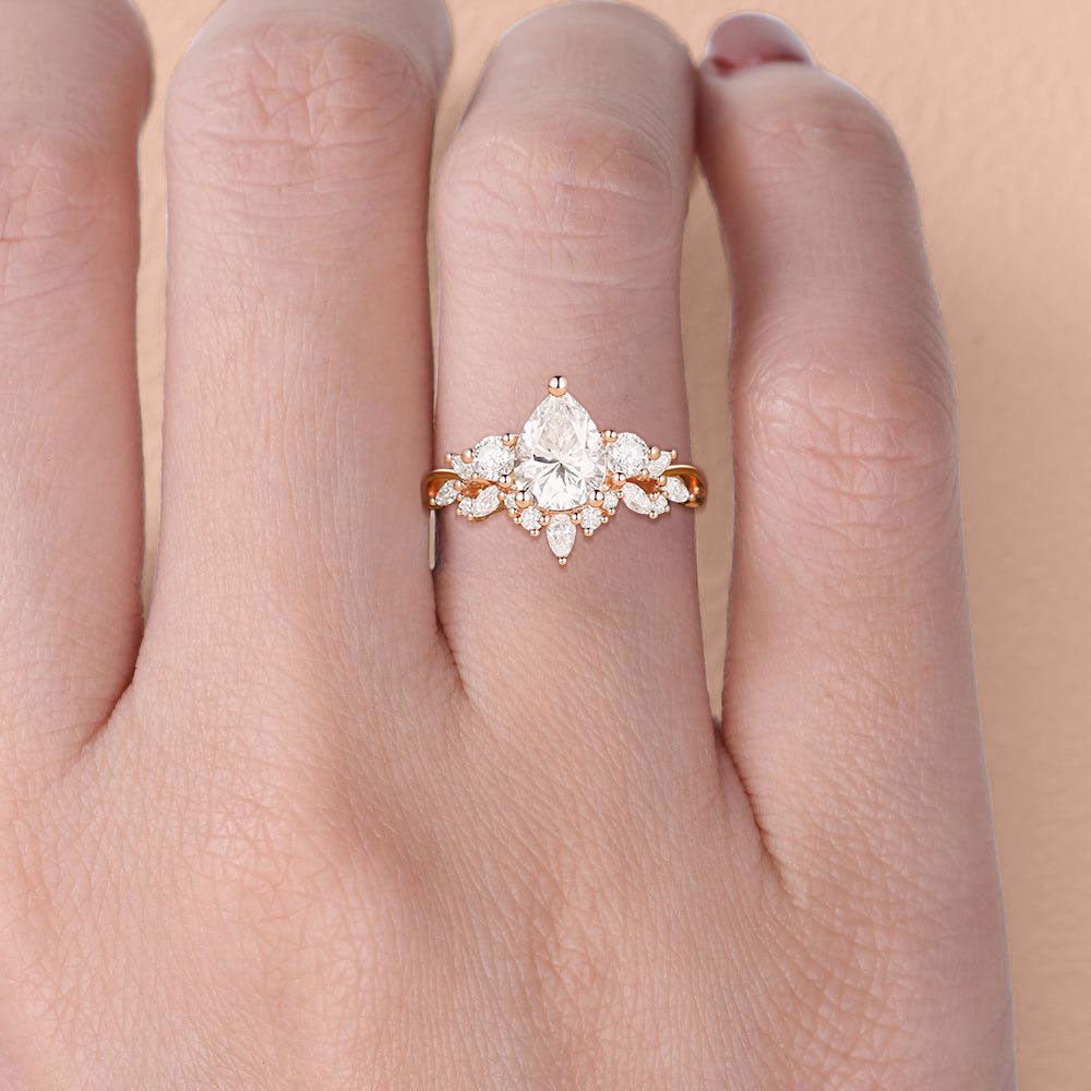 Unique floral Three Stone Pear Moissanite Cluster Engagement Ring - Oore Jewelry