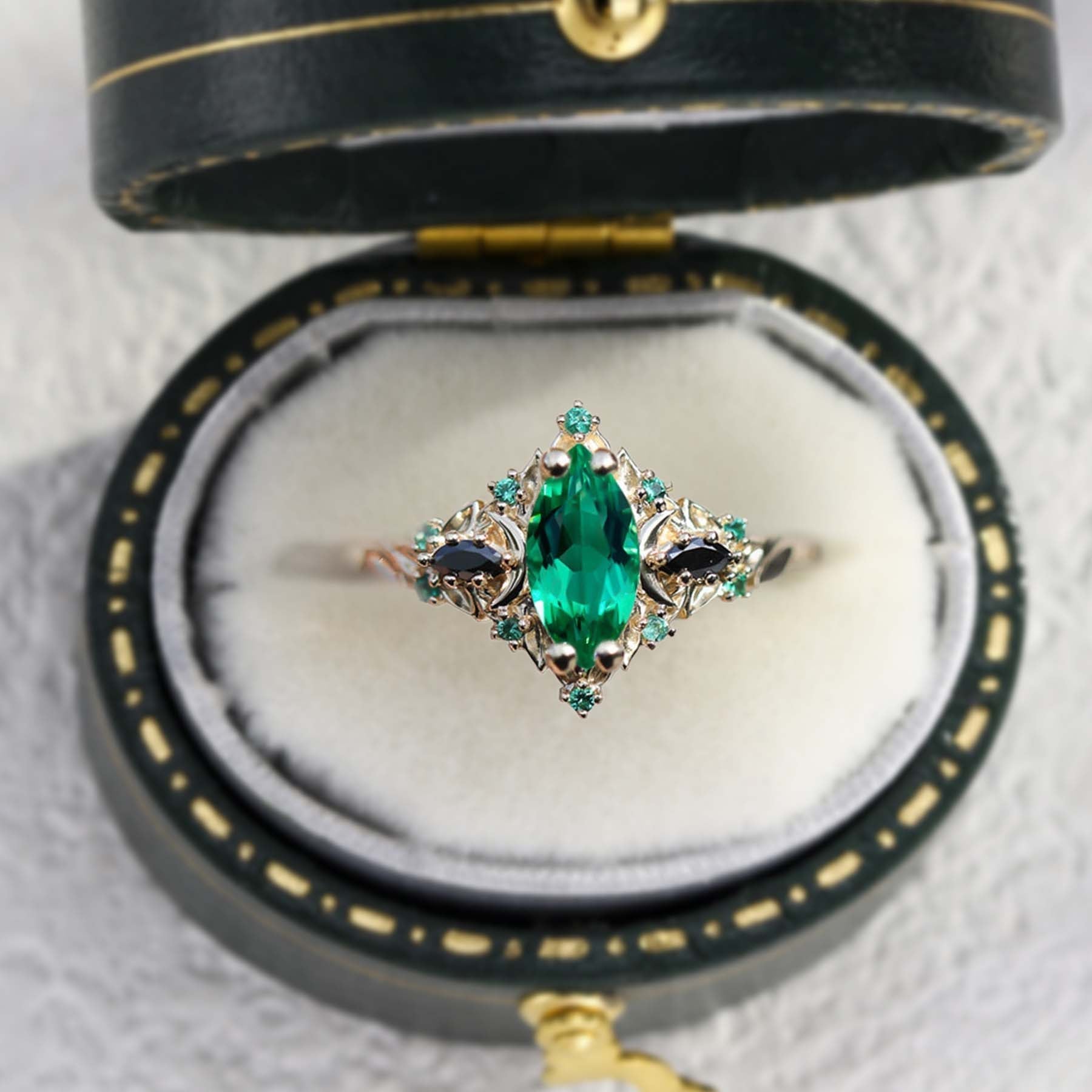 Unique Briar Moon Three Stone Marquise Lab Emerald Ring - Oore Jewelry
