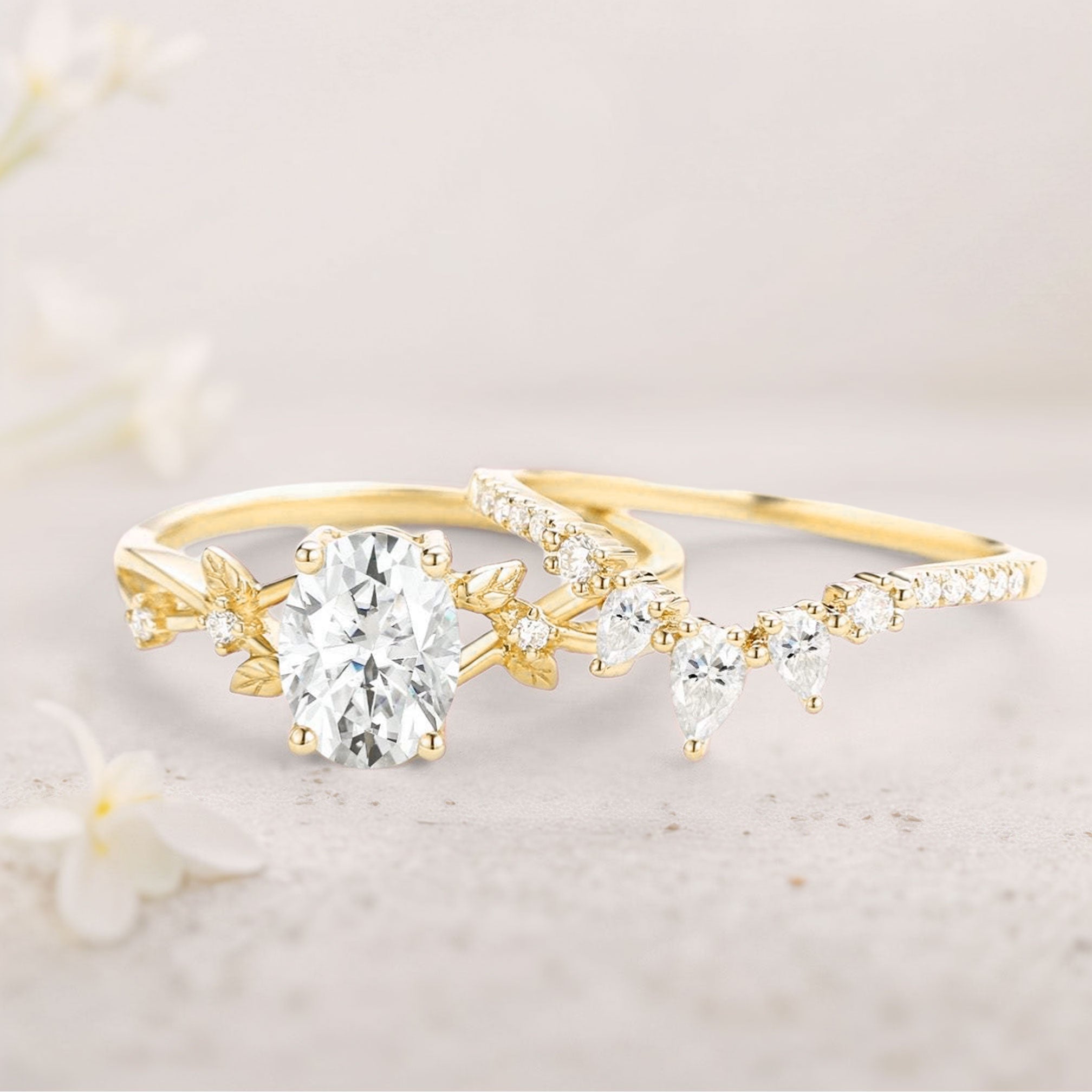 Unique floral engagement rings Oval Moissanite Leafy Wedding Ring Bridal Ring Set - Oore Jewelry