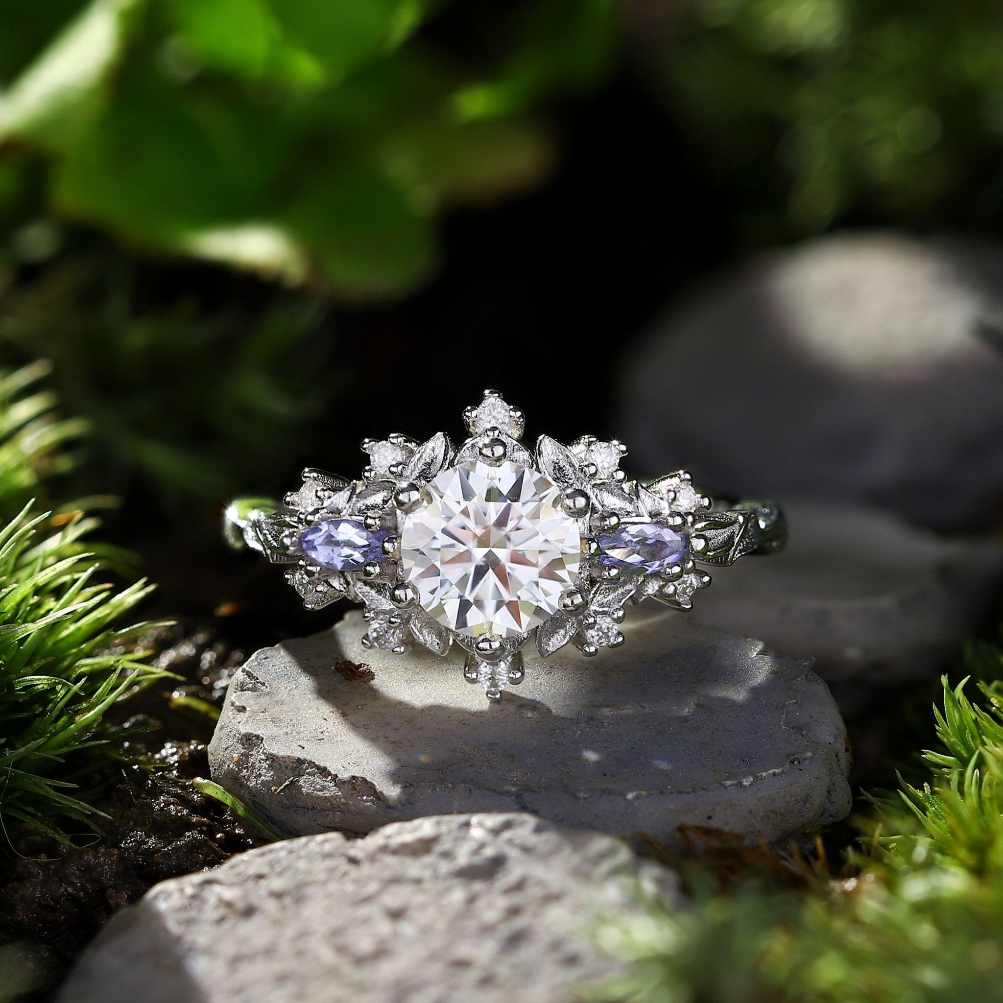 Unique Briar Rose Three Stone Round Moissanite Ring - Oore Jewelry