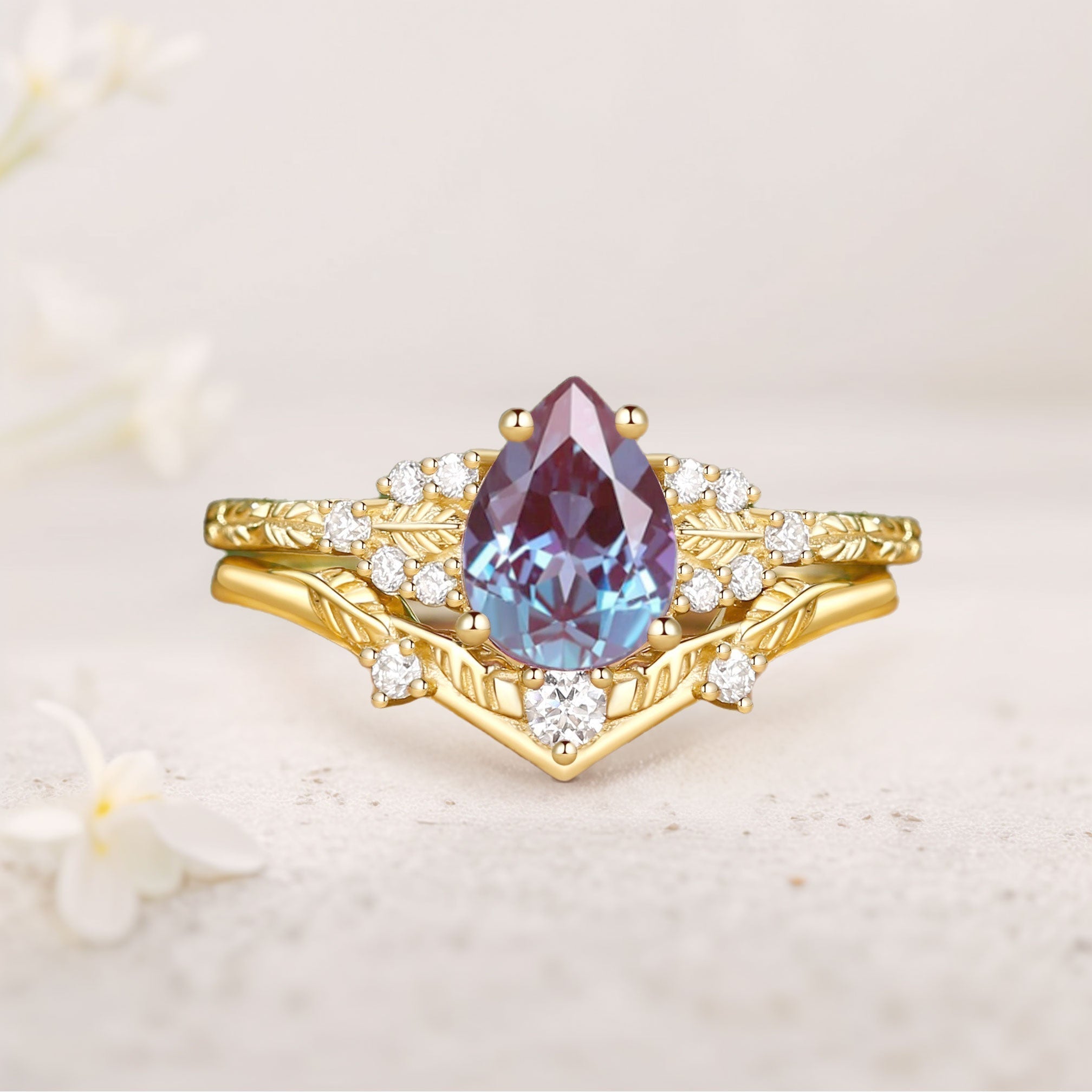 Unique floral engagement rings Leaf Nature Inspired Pear Lab Alexandrite Engagement Ring Set - Oore Jewelry