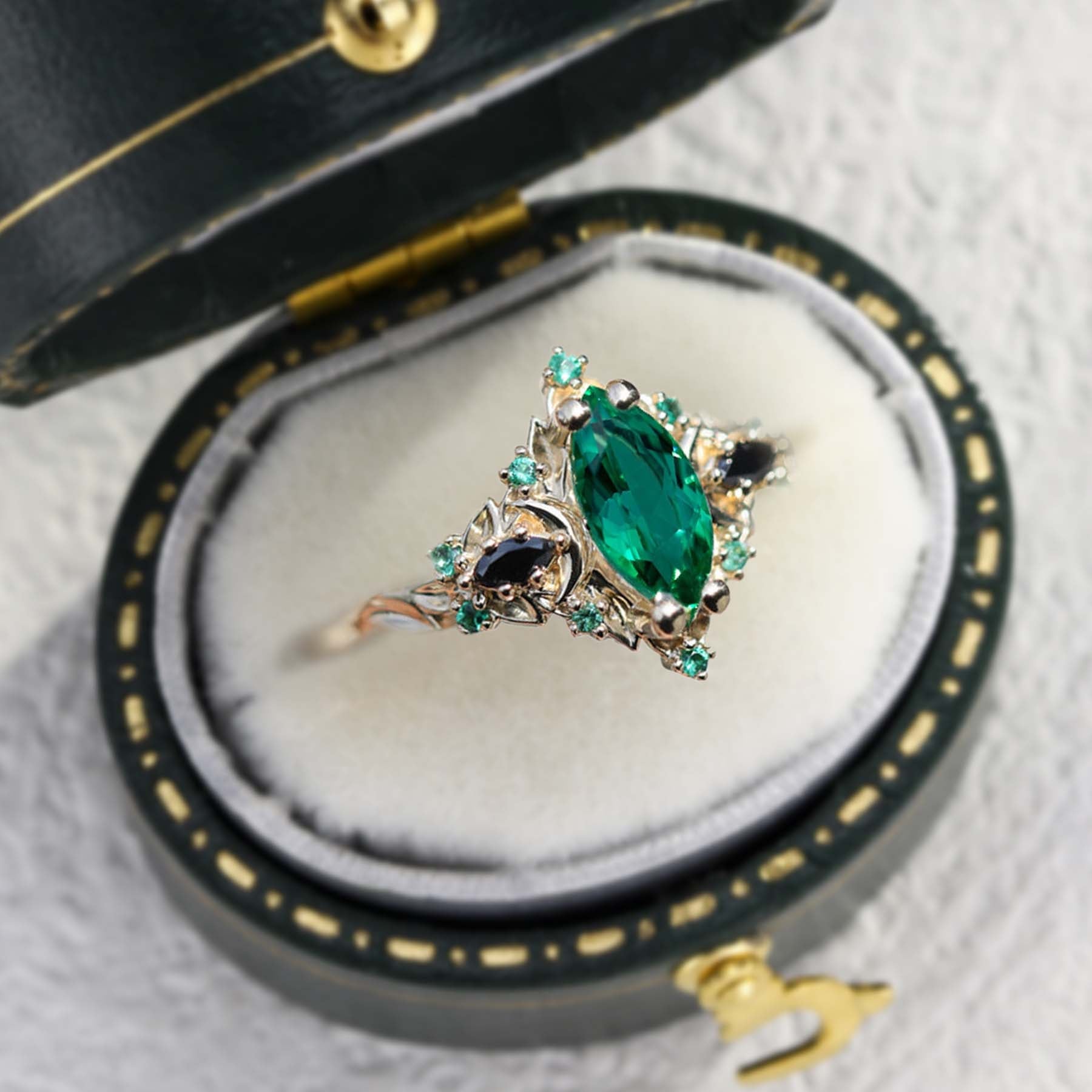 Unique Briar Moon Three Stone Marquise Lab Emerald Ring - Oore Jewelry
