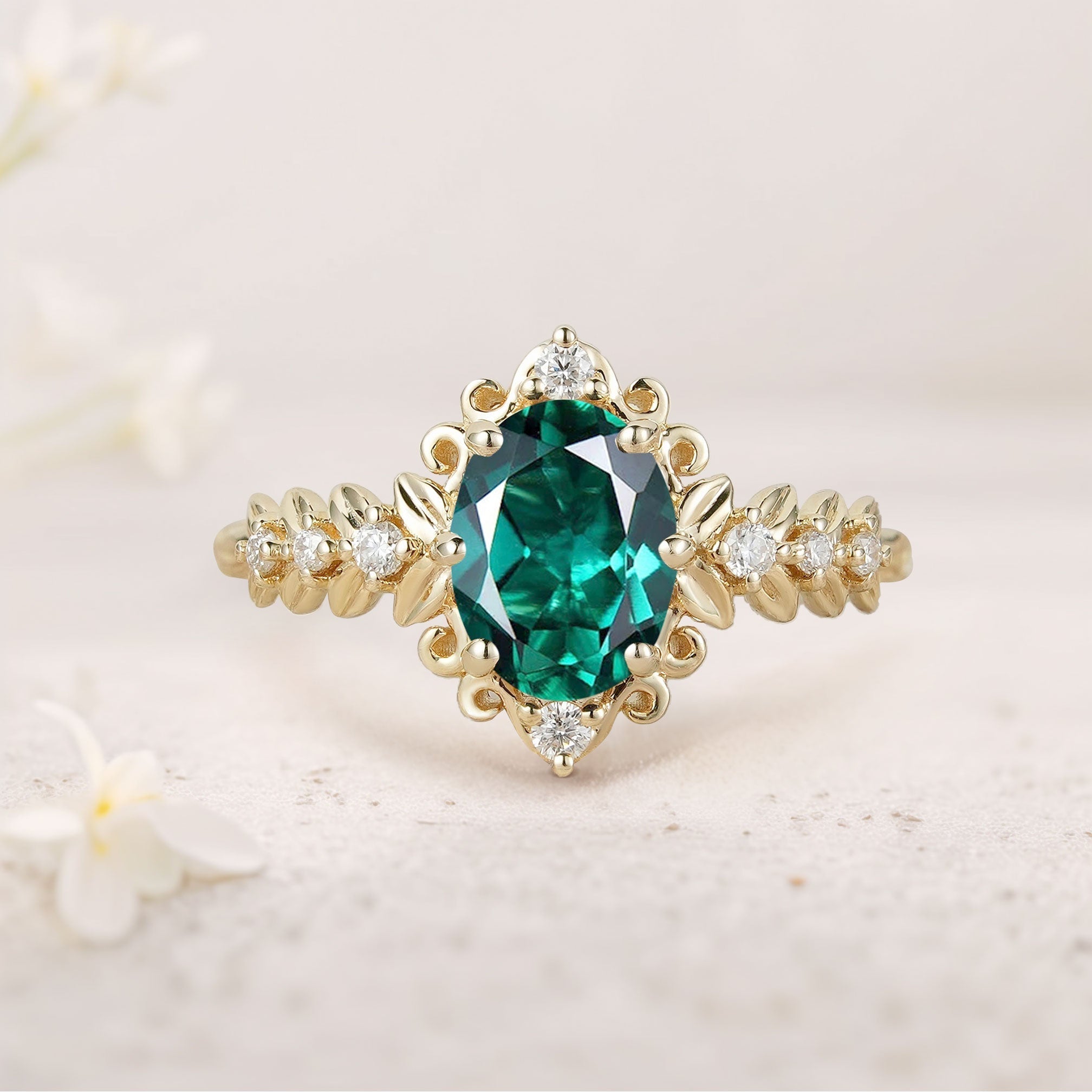 Unique Elegant Royal Oval Lab Emerald Filigree Leaf Engagement Ring - Oore Jewelry