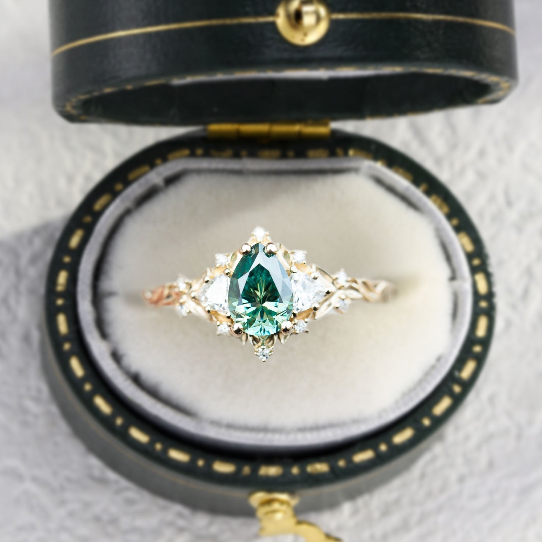 Unique Briar Rose Three Stone Pear Teal Moissanite Ring - Oore Jewelry