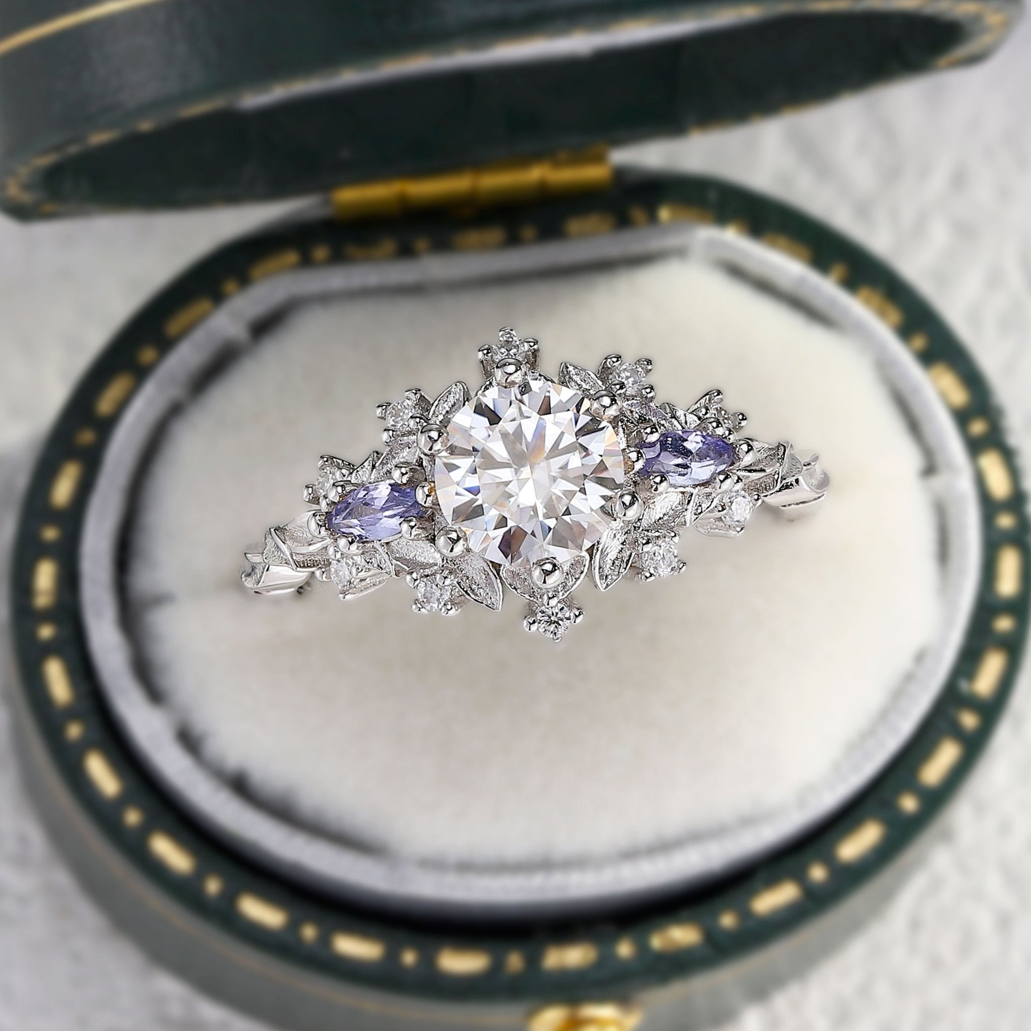 Unique Briar Rose Three Stone Round Moissanite Ring - Oore Jewelry