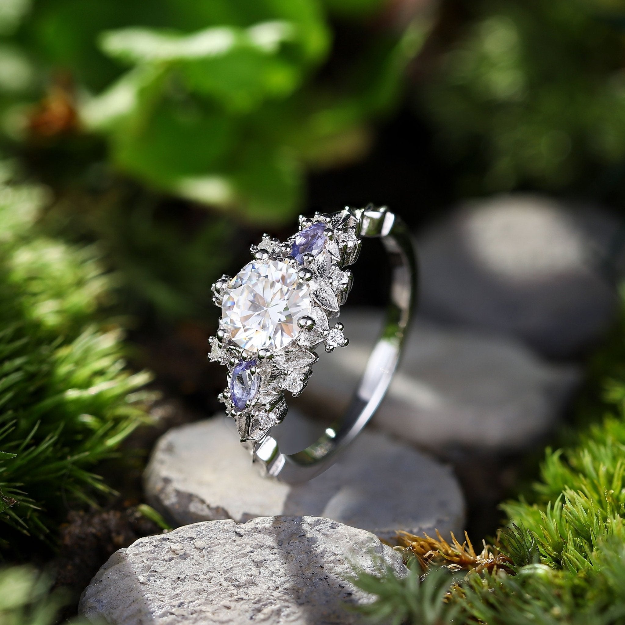 Unique Briar Rose Three Stone Round Moissanite Ring - Oore Jewelry