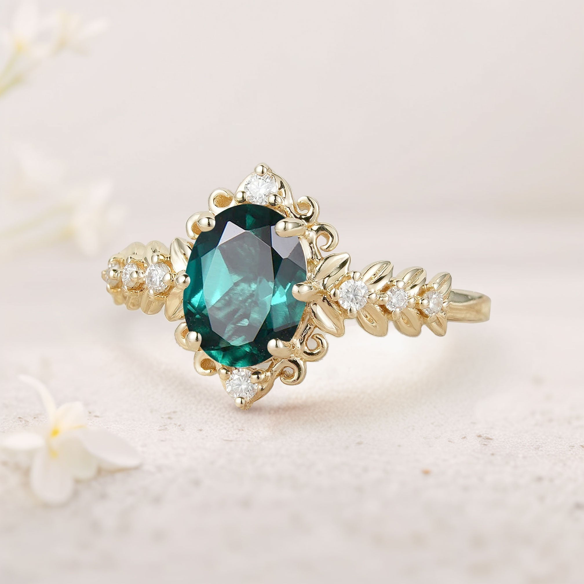 Unique Elegant Royal Oval Lab Emerald Filigree Leaf Engagement Ring - Oore Jewelry