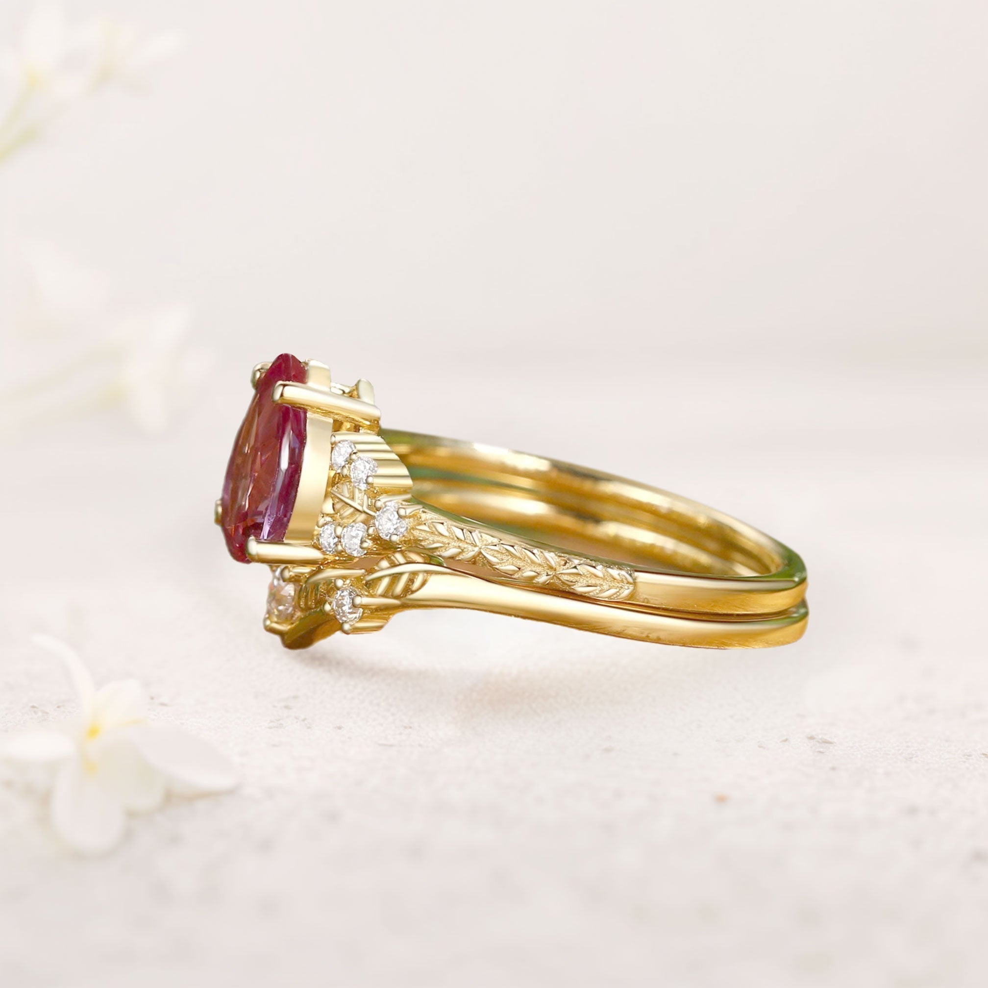 Unique floral engagement rings Leaf Nature Inspired Pear Lab Alexandrite Engagement Ring Set - Oore Jewelry