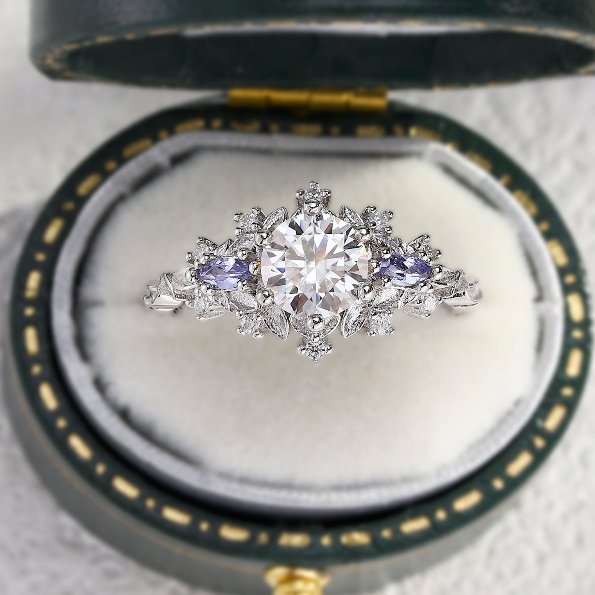 Unique Briar Rose Three Stone Round Moissanite Ring - Oore Jewelry