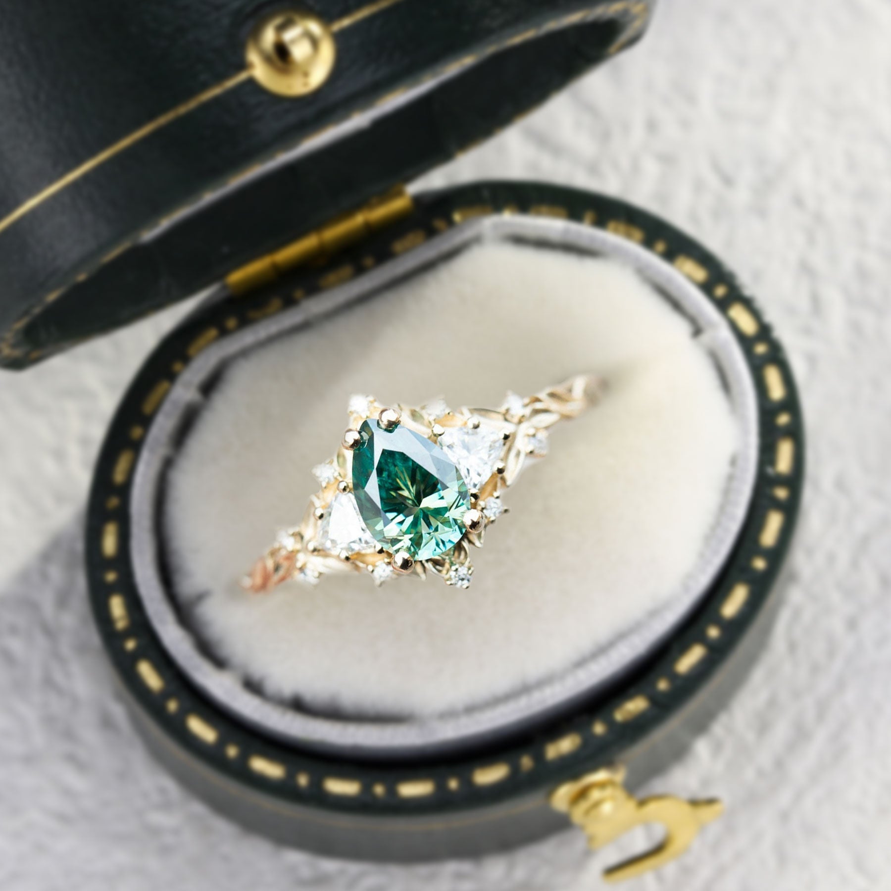 Unique Briar Rose Three Stone Pear Teal Moissanite Ring - Oore Jewelry