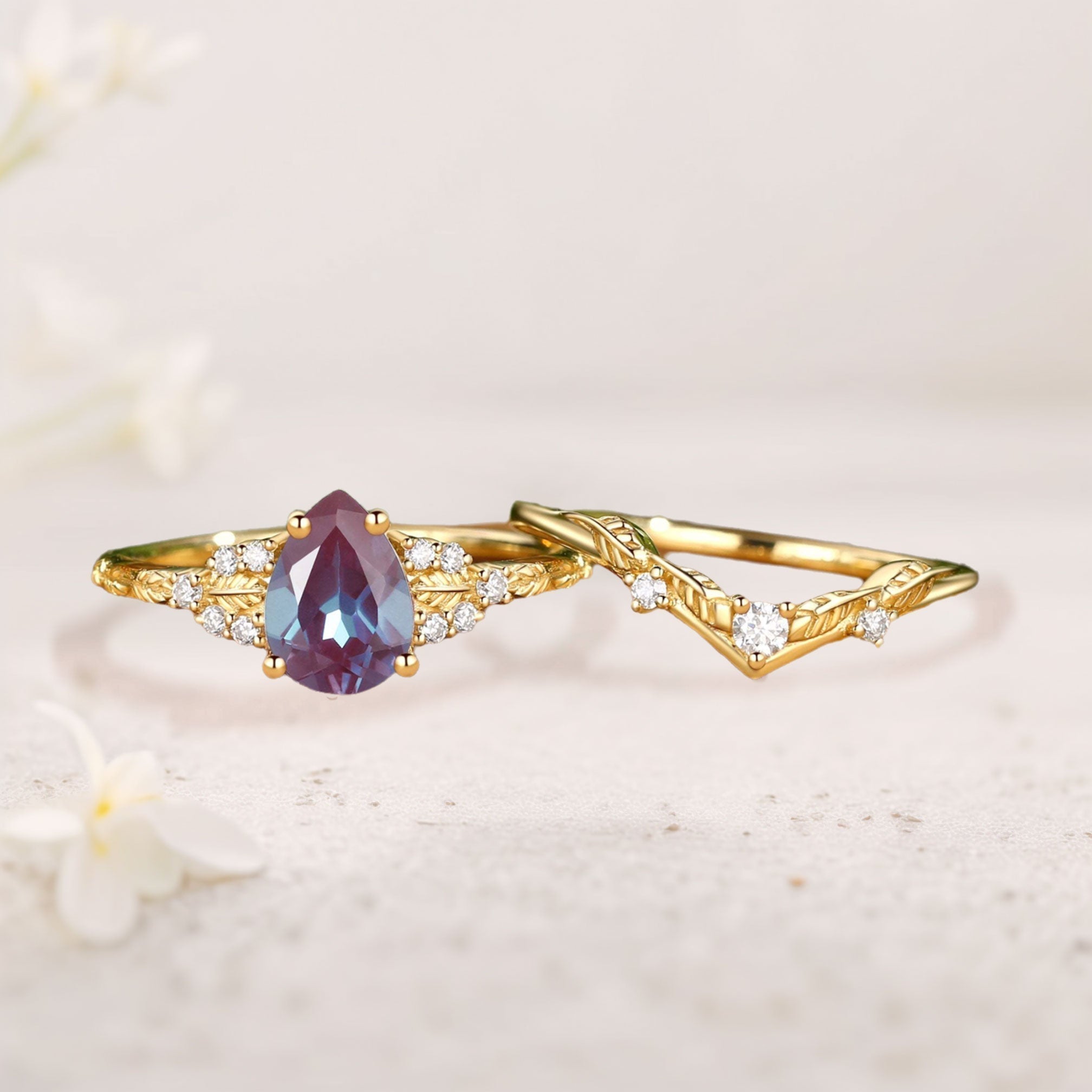 Unique floral engagement rings Leaf Nature Inspired Pear Lab Alexandrite Engagement Ring Set - Oore Jewelry