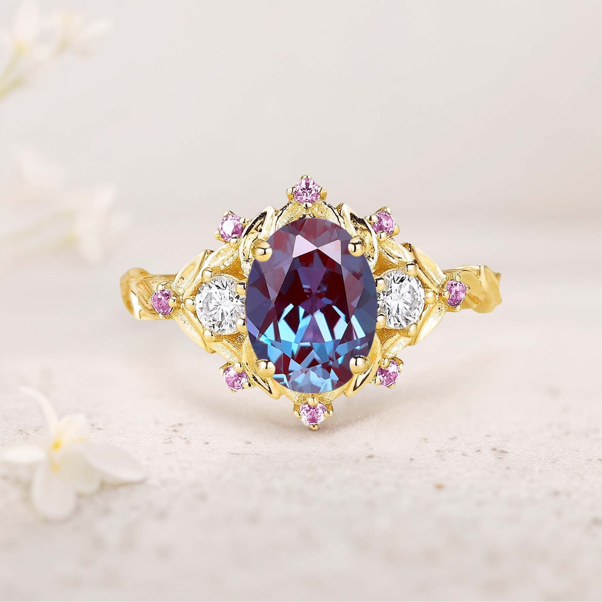 Unique Three Stone Oval Alexandrite Flower Engagement Ring - Oore Jewelry