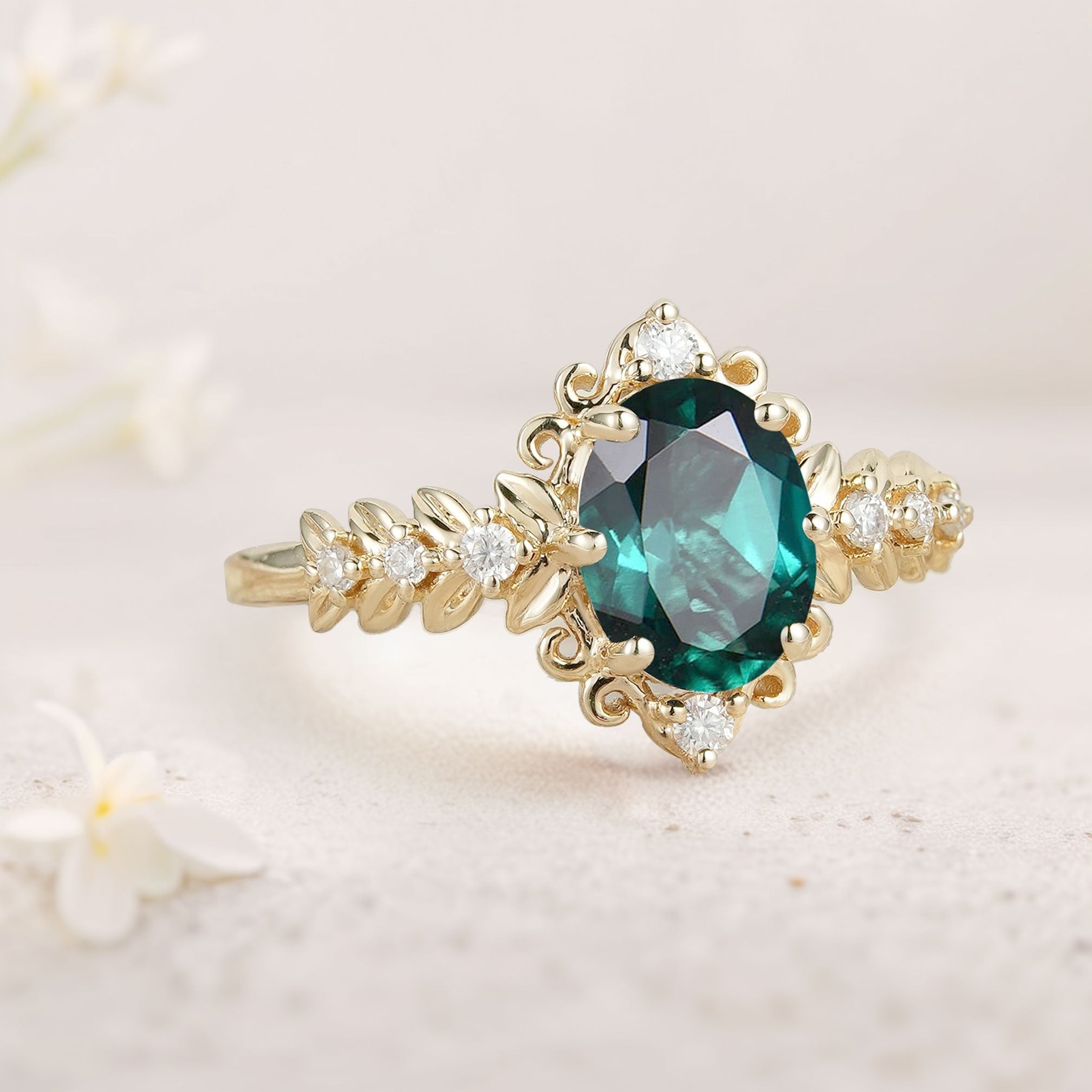 Unique Elegant Royal Oval Lab Emerald Filigree Leaf Engagement Ring - Oore Jewelry