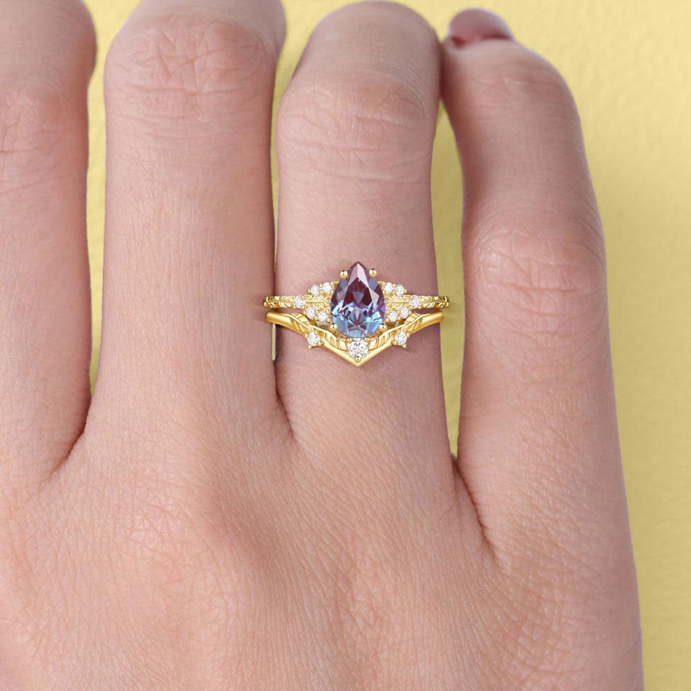 Unique floral engagement rings Leaf Nature Inspired Pear Lab Alexandrite Engagement Ring Set - Oore Jewelry