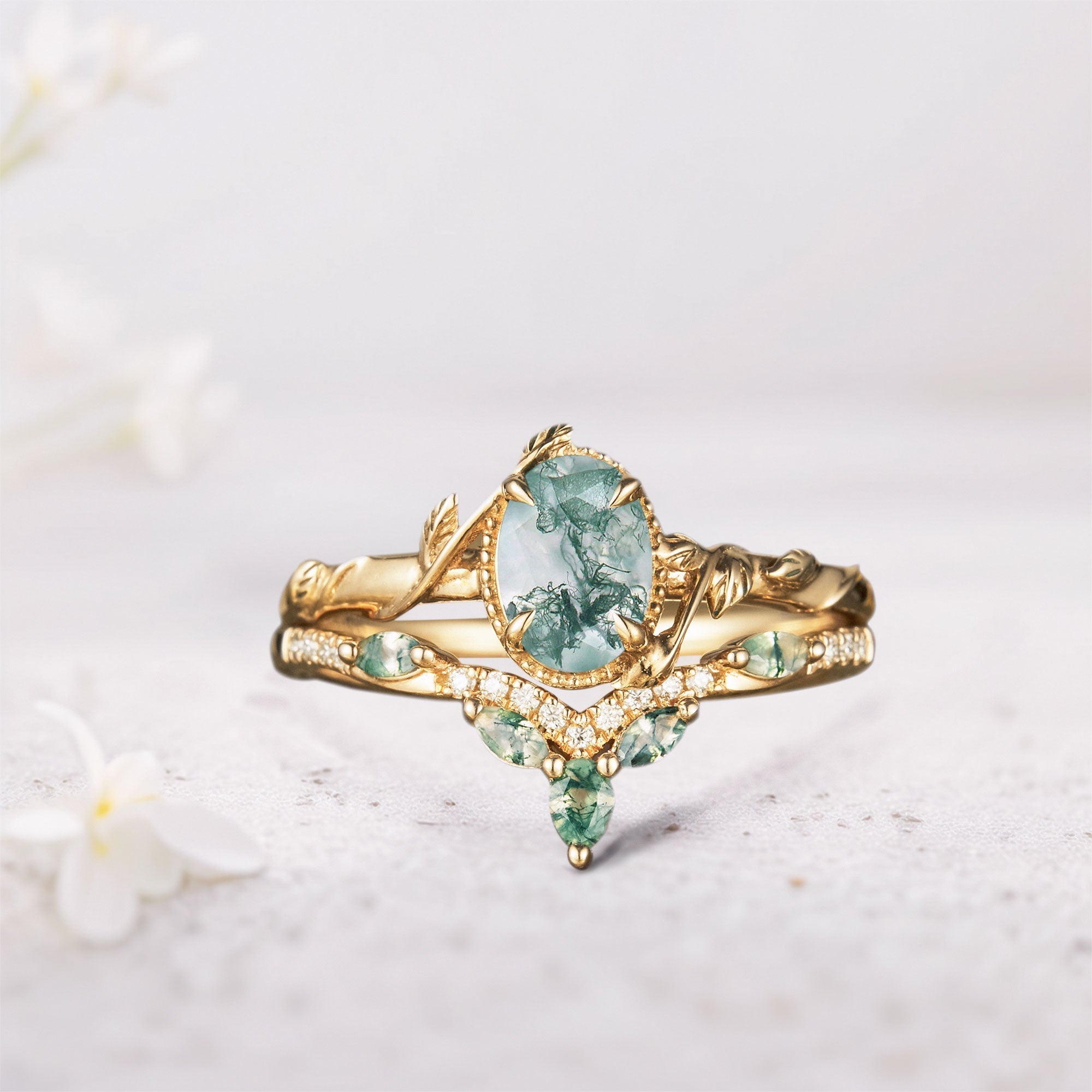 Unique Oval Moss Agate Twig Wedding Ring Set Bridal Ring Set - Oore Jewelry