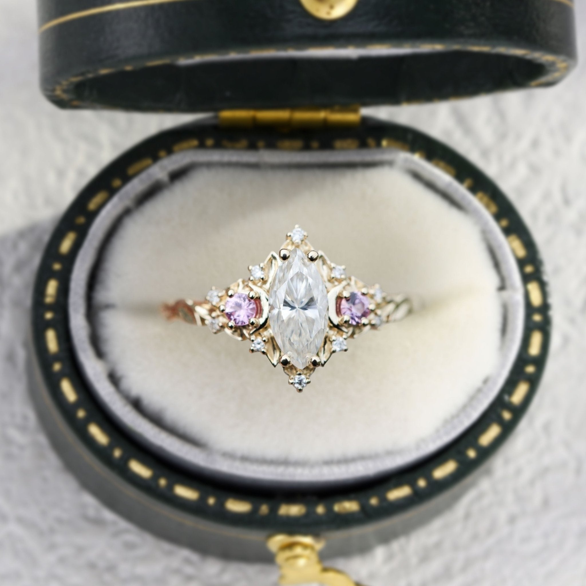 Unique floral Moon Three Stone Marquise Moissanite engagement Ring - Oore Jewelry