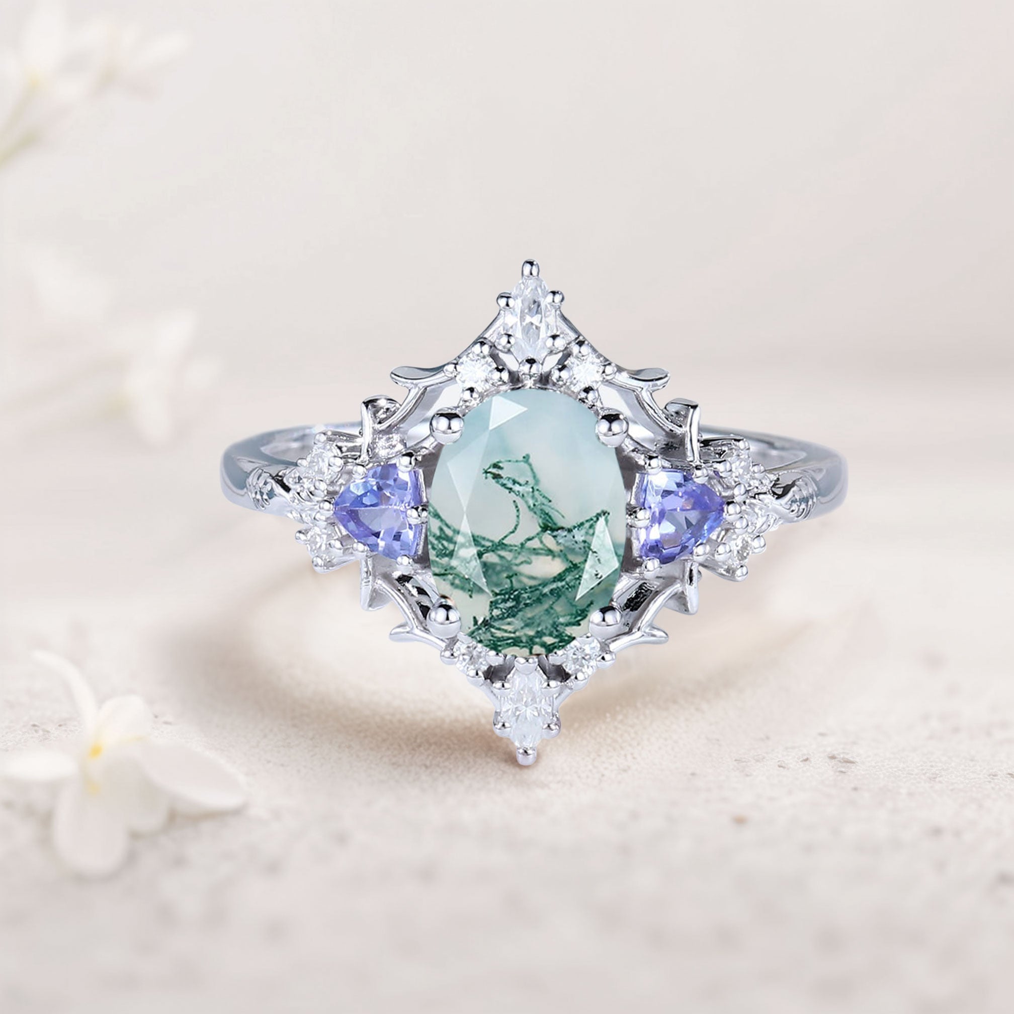 Vintage Briar Rose Oval Moss Agate Engagement Ring Filigree Ring - Oore Jewelry