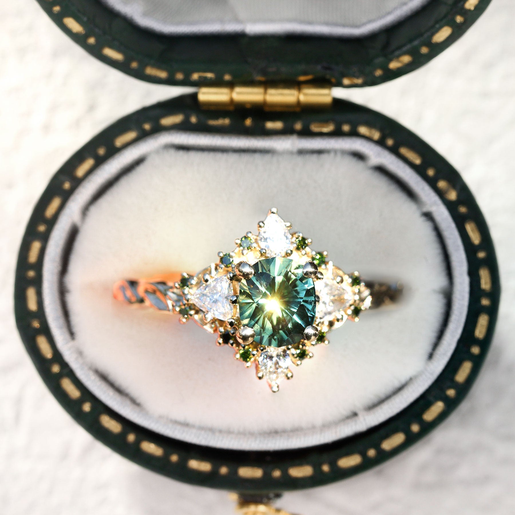 Unique floral engagement rings Enchanted Briar Round Teal Moissanite Ring - Oore Jewelry