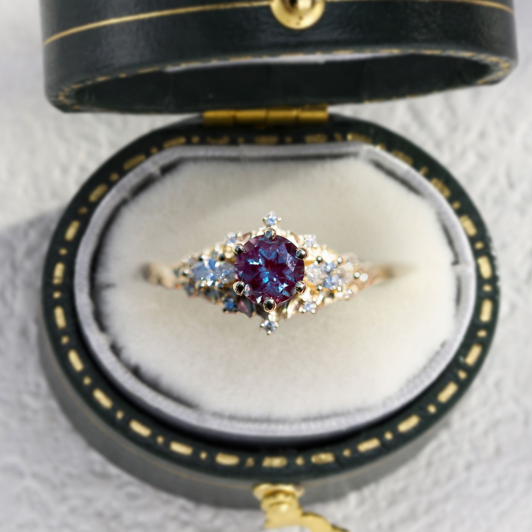 Unique Briar Rose Three Stone Round Lab Alexandrite Ring - Oore Jewelry