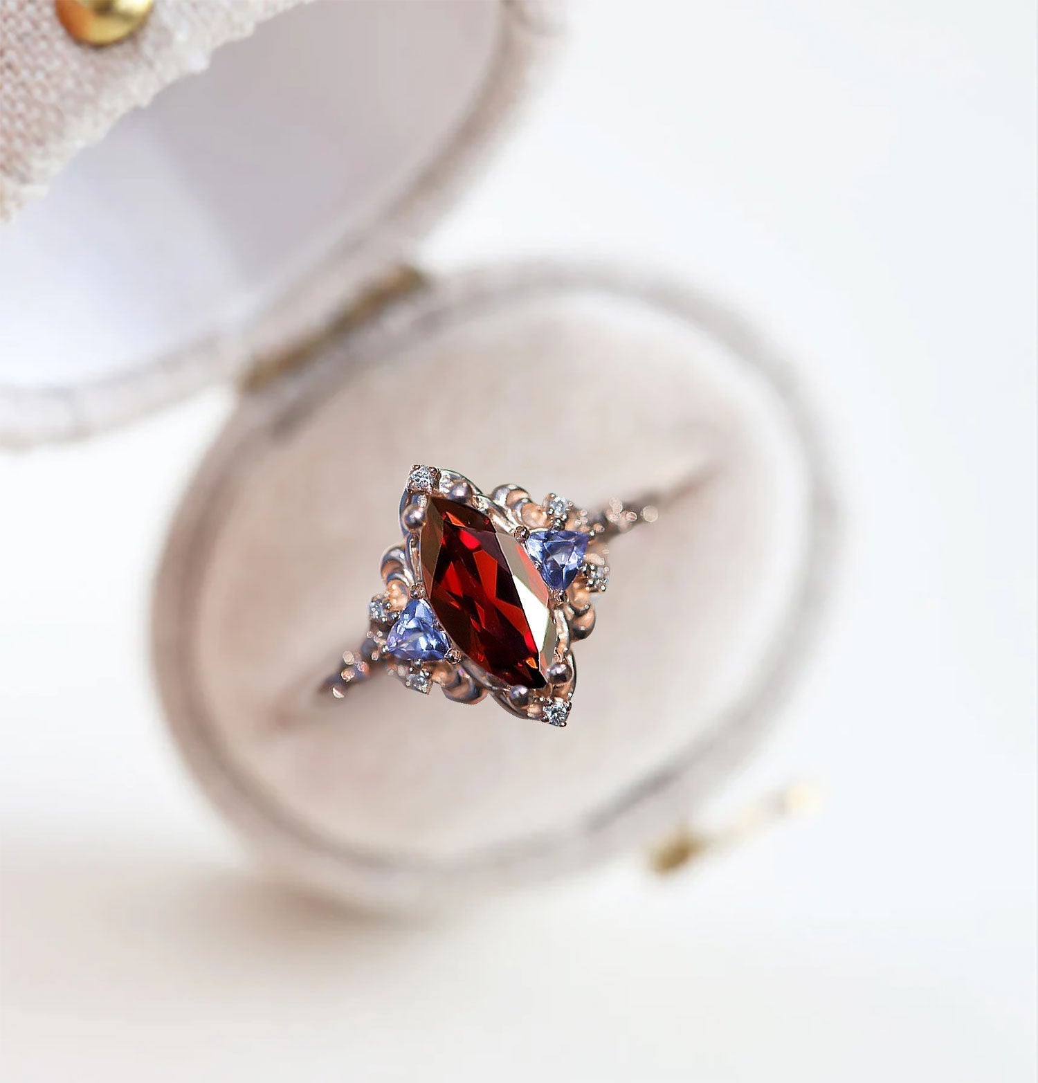 Unique Aurora Three Stone Marquise Garnet and Color Moissanite Anniversary Ring - Oore Jewelry