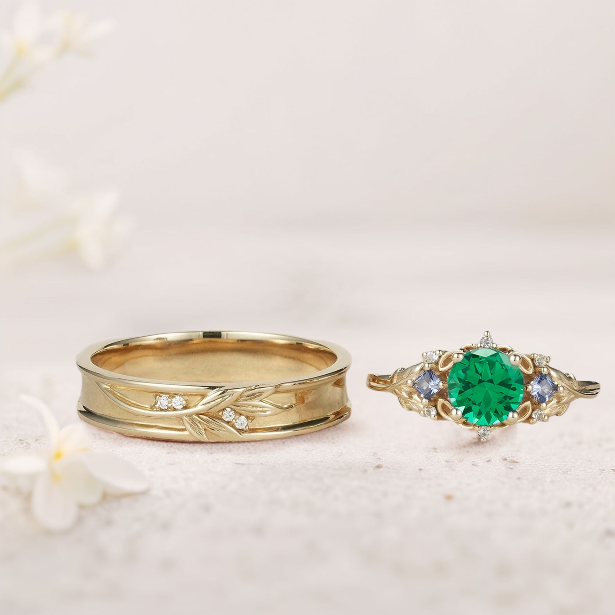 Unique Round Lab Emerald Promise Ring Engagement Ring Set for Couples - Oore Jewelry