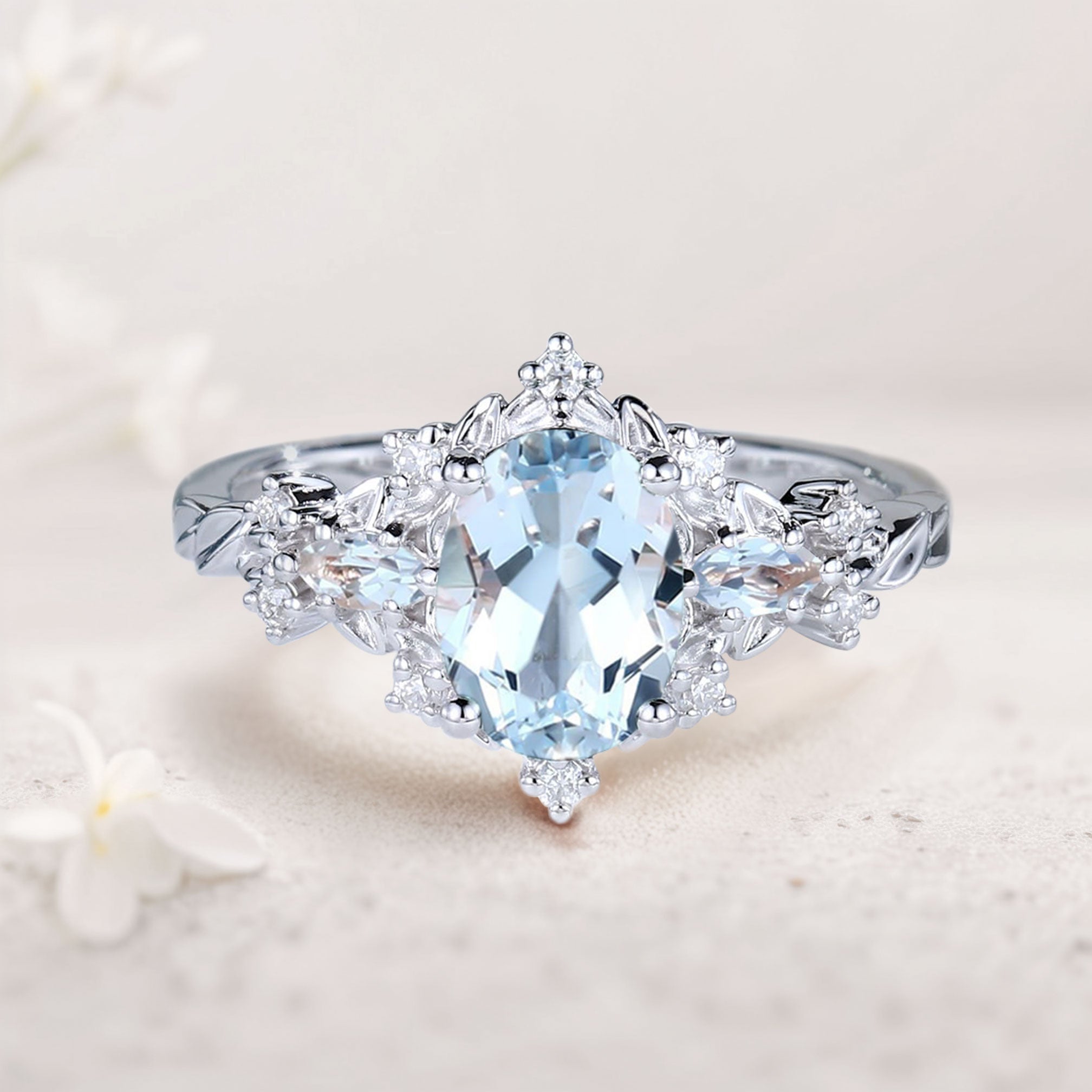 Vintage Briar Rose Oval Lab Aquamarine Engagement Ring Vine Ring - Oore Jewelry