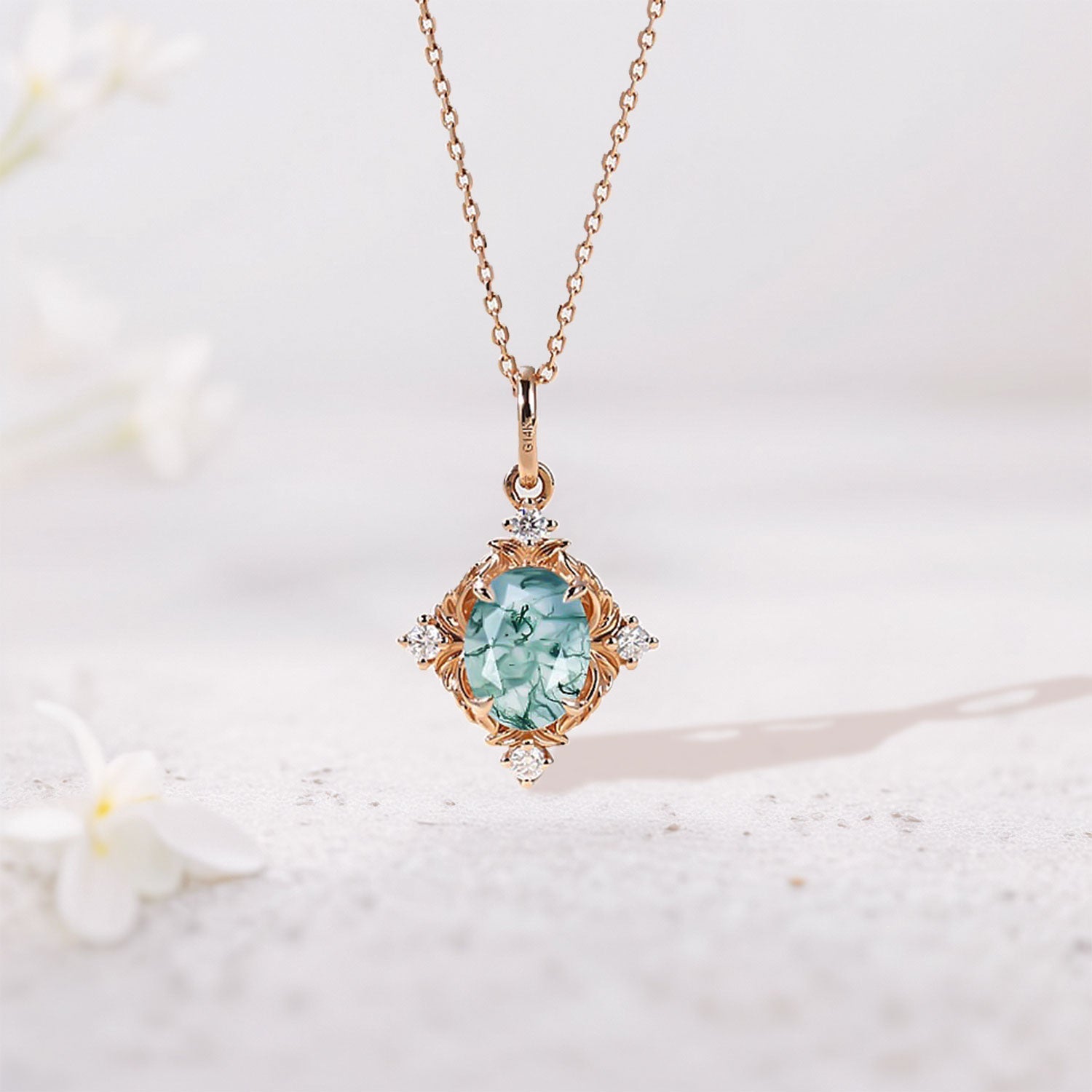 Unique LoveNest Oval Moss Agate Art Nouveau Pendant Necklace - Oore Jewelry