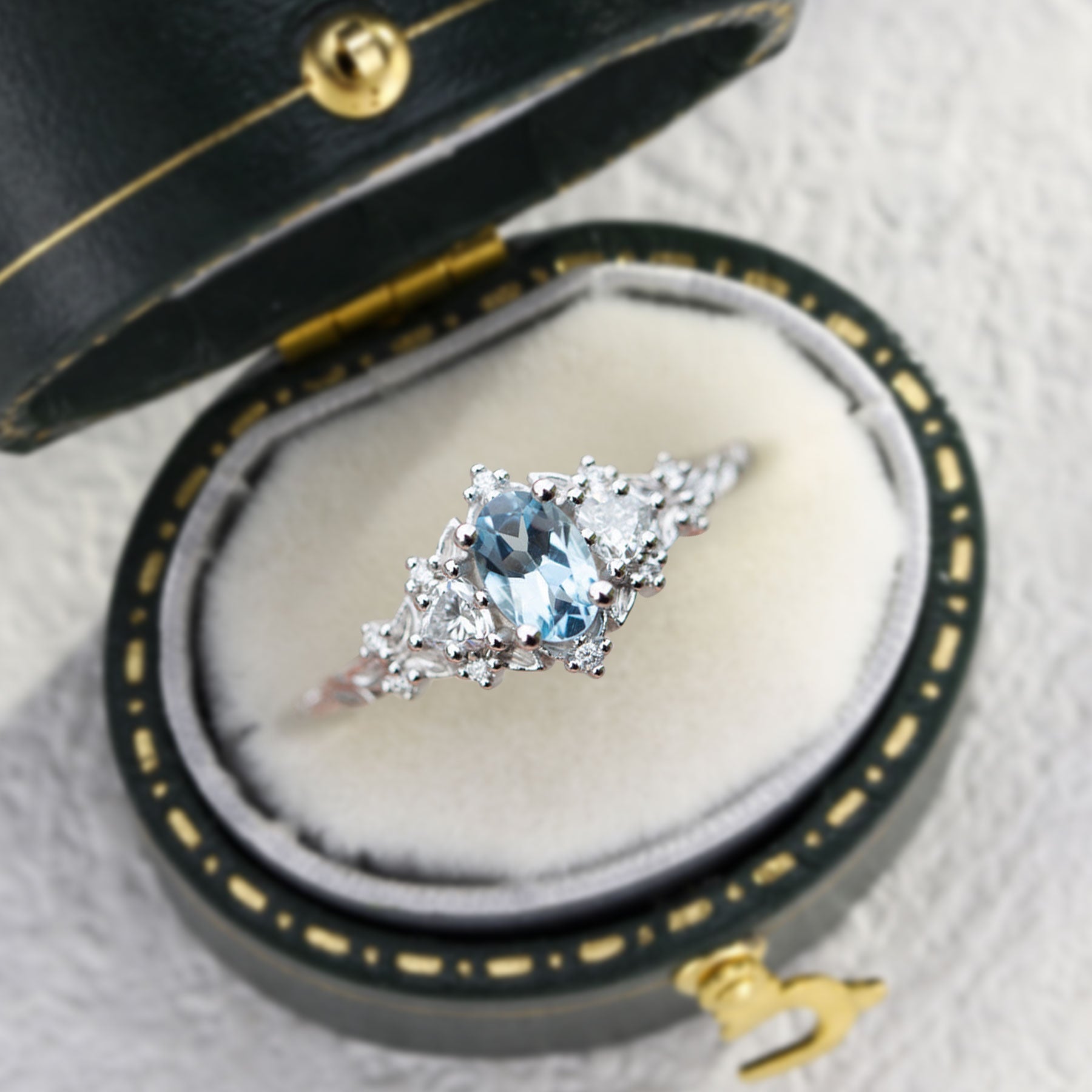 Unique Briar Rose Three Stone Oval Lab Aquamarine Ring - Oore Jewelry