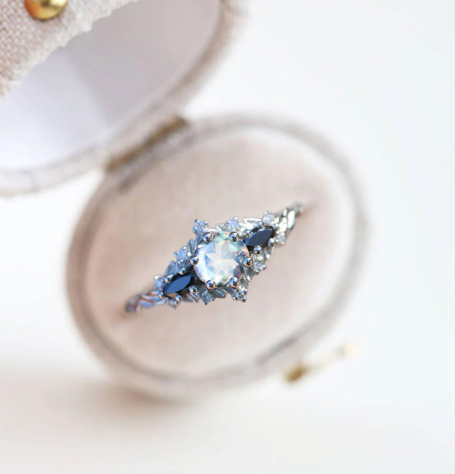 Unique Briar Rose Round Lab Moonstone and Black Moissanite Ring - Oore Jewelry