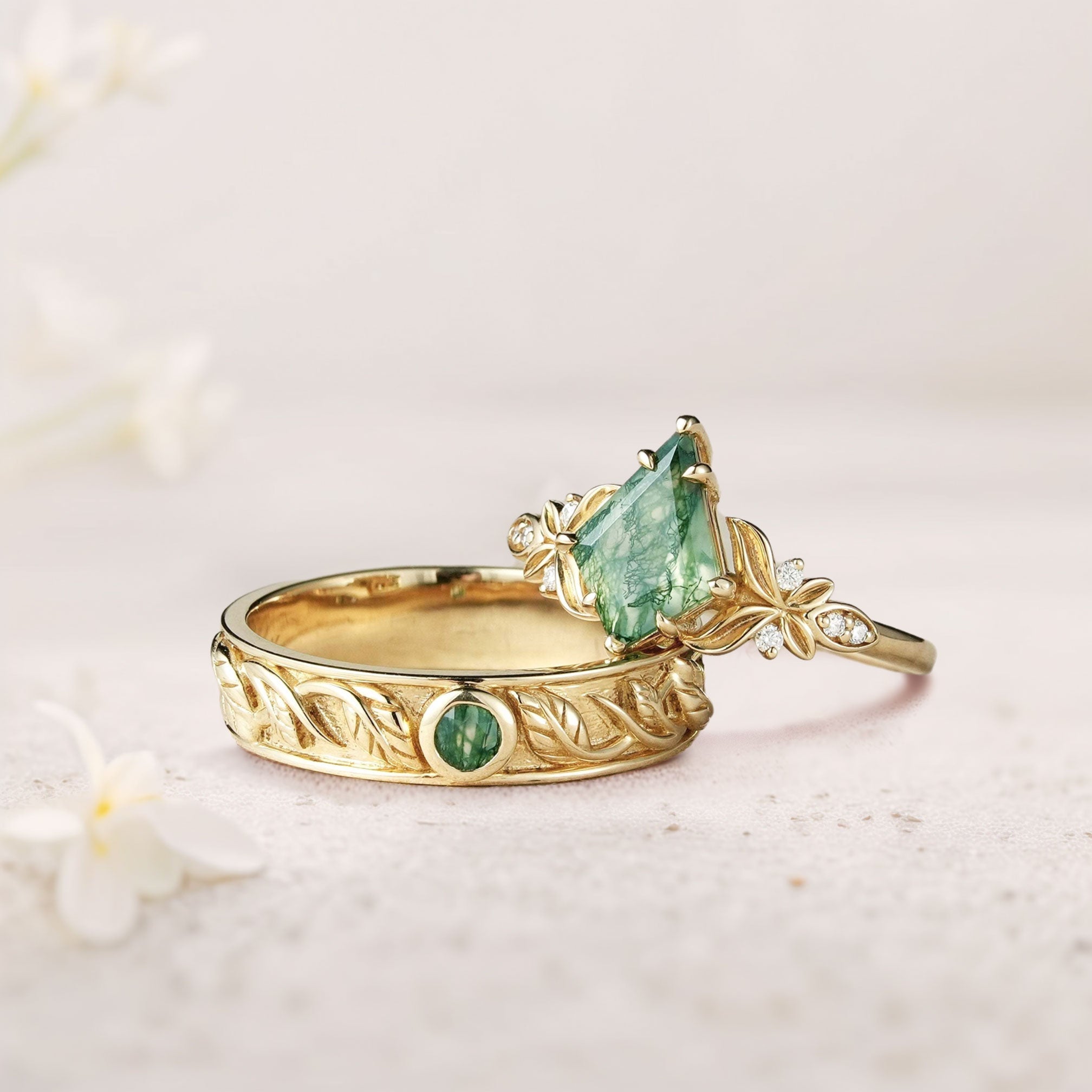 Unique Kite Moss agate Promise Engagement Ring Wedding Ring Set For Couples - Oore Jewelry