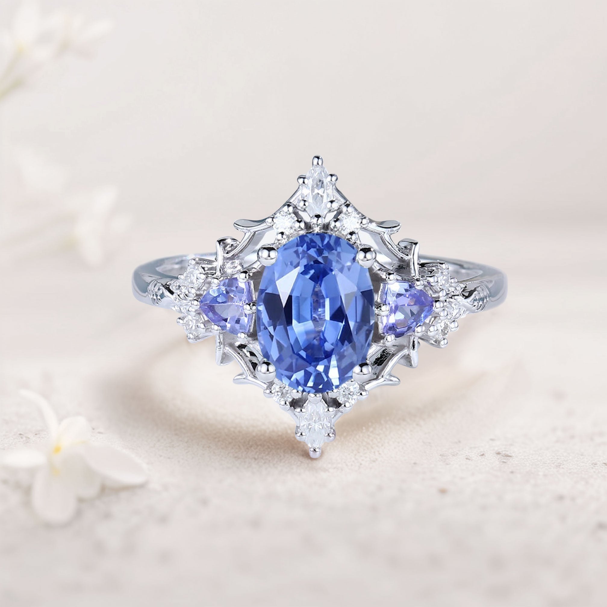 Vintage Briar Rose Oval Lab Sapphire Engagement Ring Filigree Ring - Oore Jewelry