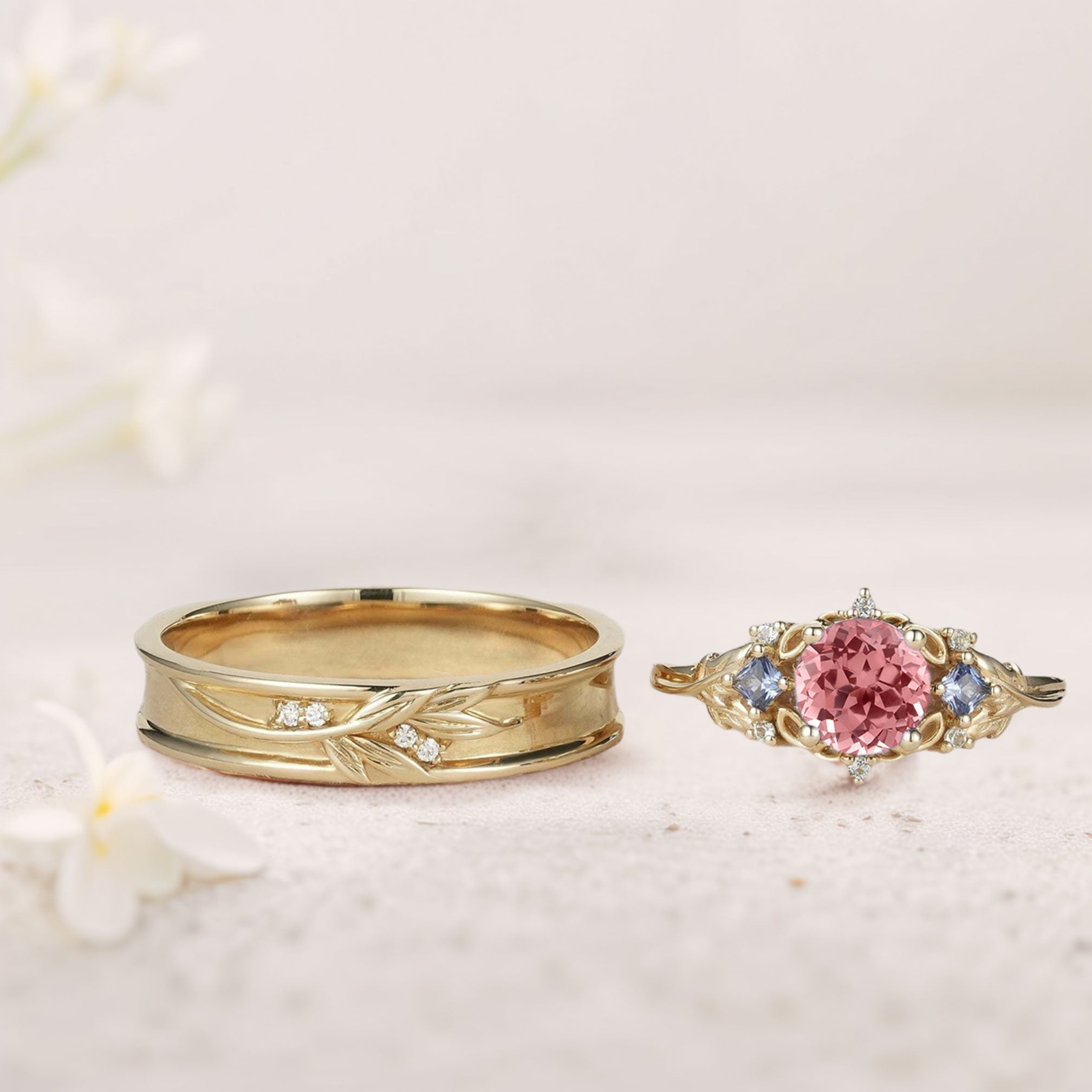 Unique Round Lab Padparadscha Promise Ring Engagement Ring Set for Couples - Oore Jewelry
