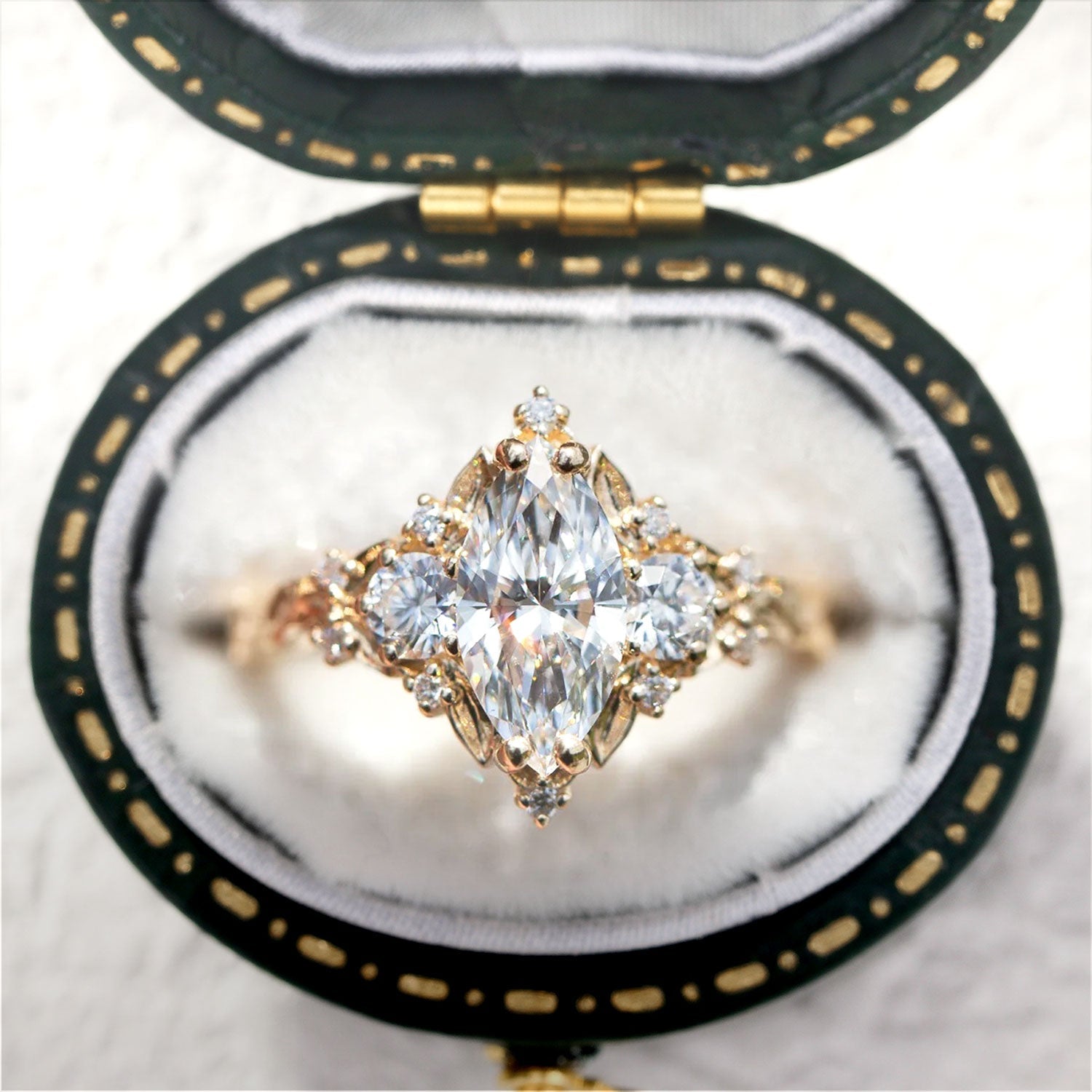 Unique Briar Rose Three Stone Marquise Moissanite Engagement Ring - Oore Jewelry