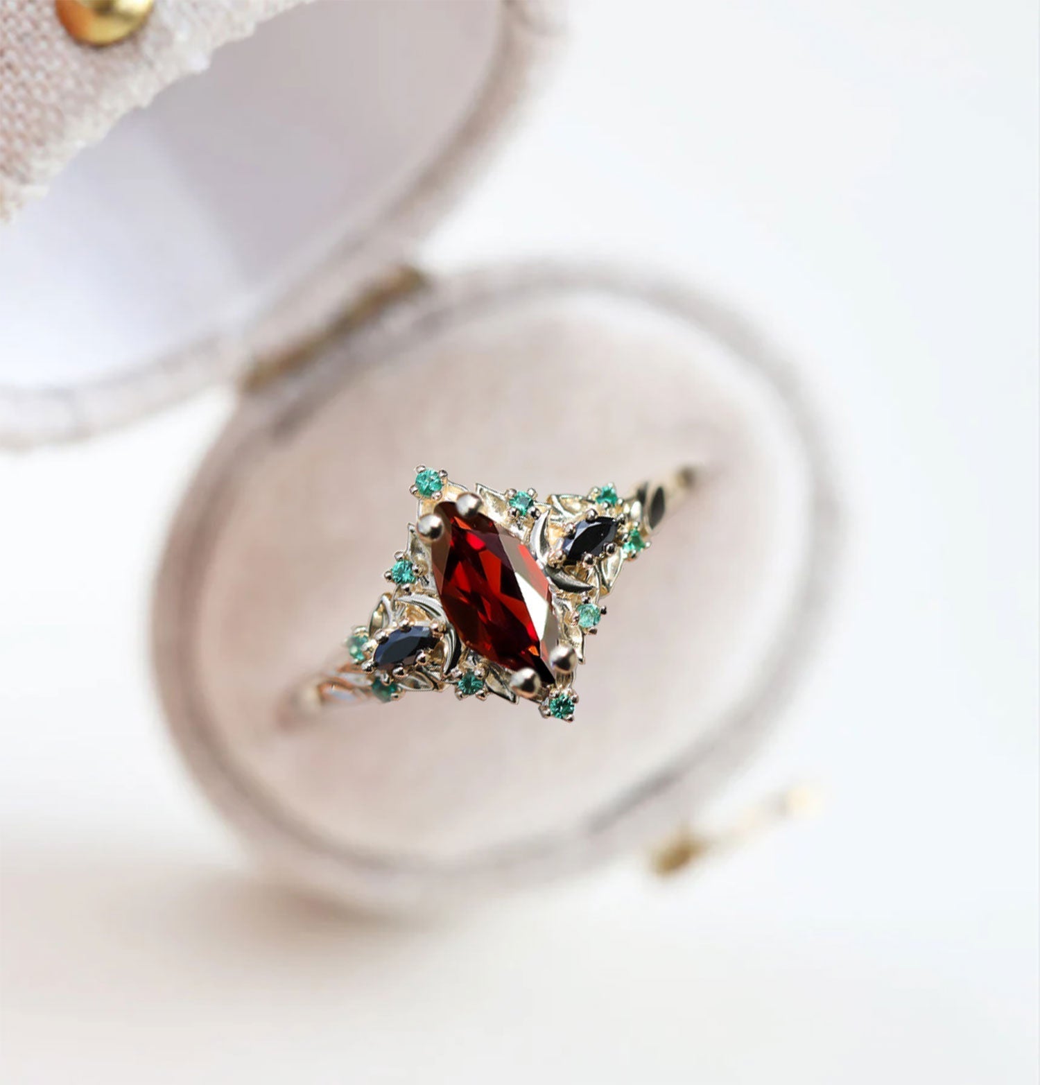 Unique Briar Moon Three Stone Marquise Garnet and Lab Emerald Ring - Oore Jewelry